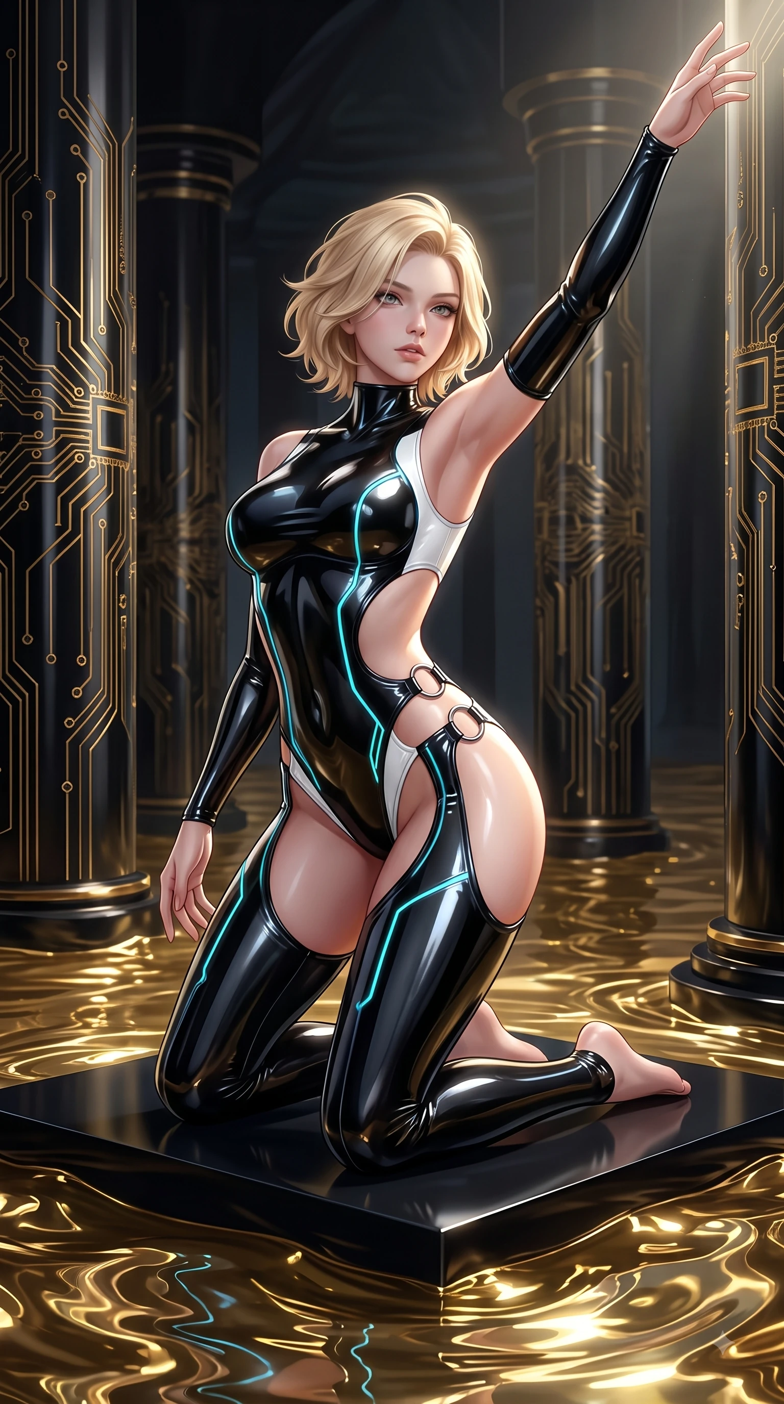 score_9, masterpiece, best quality, ultra-detailed, high-budget anime keyframe, semi-realistic 3D game render, editorial fashion photography, tasteful artistic composition, Caucasian woman. close-up cowboy shot from the waist and thighs up, the character dominates the composition, filling the frame with her large presence. extending one arm gracefully toward the light while her torso arches in a sleek, alluring curve with magnetic intensity while kneeling gracefully on a floating obsidian dais inside a subterranean tech-sanctuary with glowing liquid gold rippling around her. The surrounding environment is rendered in vivid detail and crisp panoramic clarity. polished obsidian pillars, intricate golden circuit engravings, and shimmering liquid gold caustics in sharp resolution. She has an exceptionally elegant, slender, and willowy female figure with an ultra-slim waist, a gracefully sculpted slender torso, and a refined silhouette. sharp v-shaped jawline, high-bridge nose, intricate jewel-like eyes with depth, thick eyelashes, glossy lips with a natural sheen, flawlessly proportioned anatomical accuracy, natural body alignment, perfectly sculpted elegant limbs, clean dynamic posture without body distortion. wearing a glossy black second-skin latex bodysuit with high-thigh cuts, exposed clavicle neckline, and gleaming zipper details in pure snow white latex and glowing cyan circuit seams, formed from high-gloss patent material with specular light reflections, detailed with polished silver rings connecting the daring side-waist cutouts, the sleek aerodynamic cut emphasizing her magnetic presence and alluring physical grace. surrounded by a mysterious, opulent, and dangerously sensual sanctuary atmosphere. highly saturated vibrant anime colors, detailed shading with soft gradients, rich glossy textures, high-contrast stereoscopic depth, volumetric dynamic lighting, master piece, 9:16 ratio