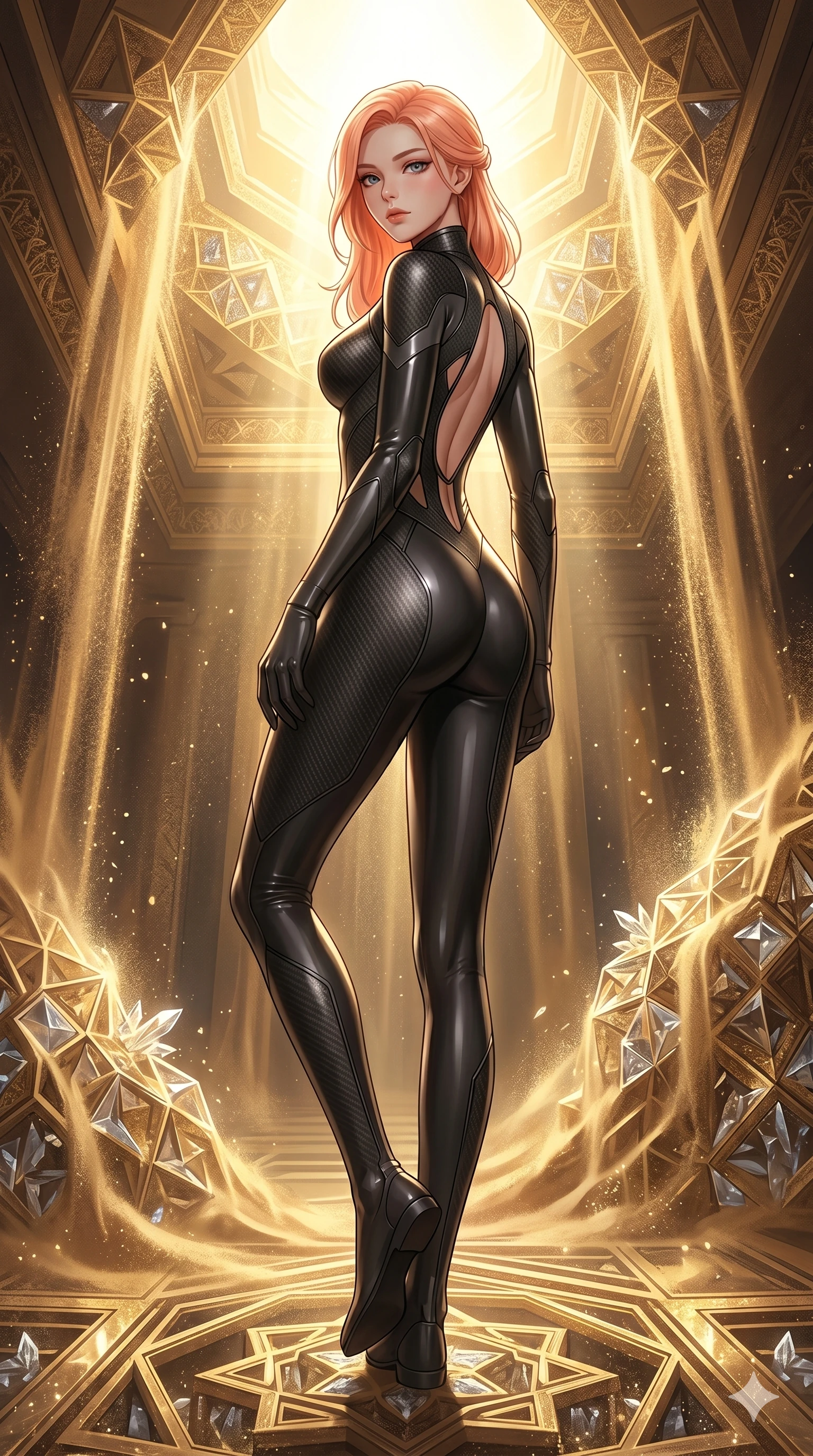 score_9, masterpiece, best quality, ultra-detailed, high-budget anime keyframe, Korean woman. low angle full-body shot filling the entire 9:16 frame with her statuesque presence, stretching the vertical silhouette. descending through a fractal quicksand temple where golden sand waterfalls transform into glass crystals, revealing intricate repeating patterns. She has an absolutely perfect 8-heads proportion, an exceptionally tall and slender female figure with impossibly long slender legs and an ultra-slim waist. V-shaped jawline, high-bridge nose, intricate jewel-like eyes with depth, thick eyelashes, glossy lips with a natural sheen.. wearing a second-skin carbon fiber combat suit, featuring matte carbon fiber and glossy latex panels with elegant slitted cutouts on the upper back. illuminated by dramatic chiaroscuro casting soft shadows along her curves, with vibrant backlighting highlighting the dust particles. 2k, ultra detail, master piece, 9:16 ratio