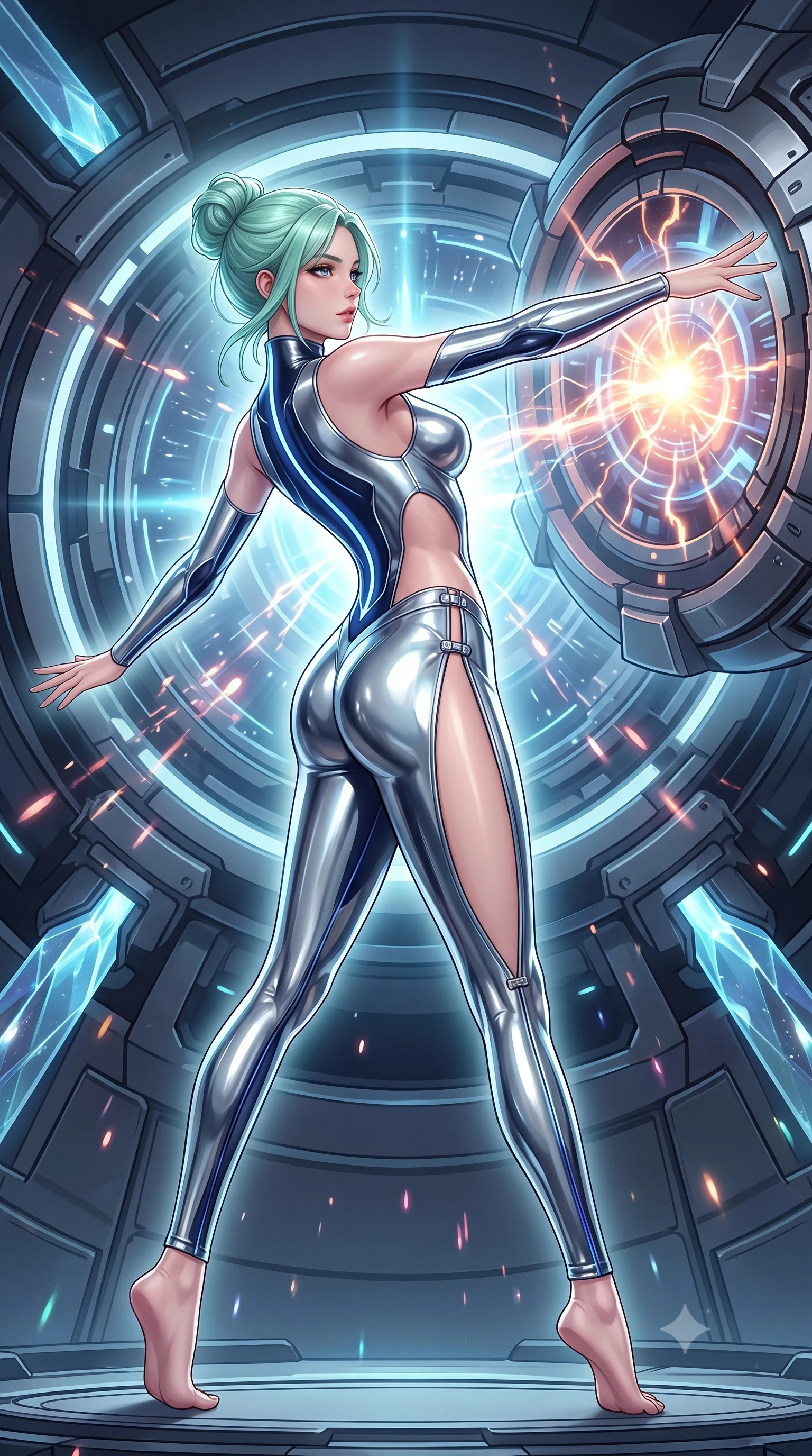 score_9, masterpiece, best quality, ultra-detailed, high-budget anime keyframe, semi-realistic 3D game render, editorial fashion photography, tasteful artistic composition, Japanese woman. low angle full-body shot from head to toe showing her feet, filling the entire 9:16 vertical frame with her statuesque presence, stretching her vertical silhouette. pivoting dynamically in mid-motion with a breathtakingly alluring posture, displaying her flawless model proportions, toned flat midriff, and ultra-slim waist while arching her spine in a fluid zero-gravity stretch with arms outstretched toward the glowing heart of the warp core. The surrounding environment is rendered in vivid detail and crisp panoramic clarity. sharp magnetic ring mechanical seams, distinct glowing particle trails, and crystalline conduit facets in deep focus. She has an absolutely perfect, statuesque 8.5-heads proportion, an exceptionally tall and slender model-like female figure with impossibly long slender legs, a toned flat midriff, and an ultra-slim waist. sharp v-shaped jawline, high-bridge nose, intricate jewel-like eyes with depth, thick eyelashes, glossy lips with a natural sheen, flawlessly proportioned anatomical accuracy, strict slender model proportions, natural body alignment, perfectly sculpted long slender limbs, ultra-slim waistline, clean dynamic posture without body distortion. wearing an ultra-sleek aerodynamic tech-jumpsuit sculpted tightly to her figure, accented with glowing fiber-optic spine lines in deep midnight navy blue and pure starlight chrome, crafted from ultra-reflective second-skin liquid metal with a mirror-like polish, finished with an ultra-high side slit secured by miniature magnetic clasps, the precision-cut daring openings accentuating her delicate midriff, graceful bare collarbones, and ultra-slim feminine waistline. surrounded by an awe-inspiring, divine, and radiantly transcendent machine-muse sovereignty aura. rich saturated anime colors with glowing neon highlights, detailed shading with soft gradients, rich glossy textures, high-contrast stereoscopic depth, volumetric dynamic lighting, master piece, 9:16 ratio