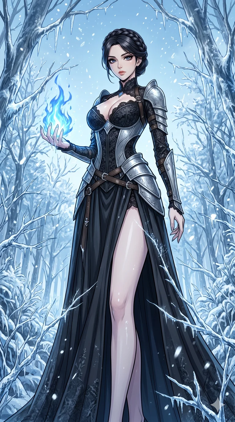 score_9, masterpiece, best quality, ultra-detailed, High-budget Anime Keyframe, beautiful Korean anime girl. Low angle cowboy shot filling the entire 9:16 frame with her statuesque presence. Holding a flickering blue flame in her palm that causes the entire surrounding forest to instantly freeze into ice. She has an absolutely perfect 8-heads proportion, an exceptionally tall and slender female figure with impossibly long slender legs and an ultra-slim waist. Sharp v-shaped jawline, high-bridge nose, intricate jewel-like eyes with depth, thick eyelashes, glossy lips with a natural sheen. Wearing a Dark Fantasy outfit: gothic black lace corset gown with silver plate armor and a plunging neckline. Background is a forest of frozen trees under a pale blue sky with falling ice crystals. 2k, ultra detail, master piece, 9:16 ratio