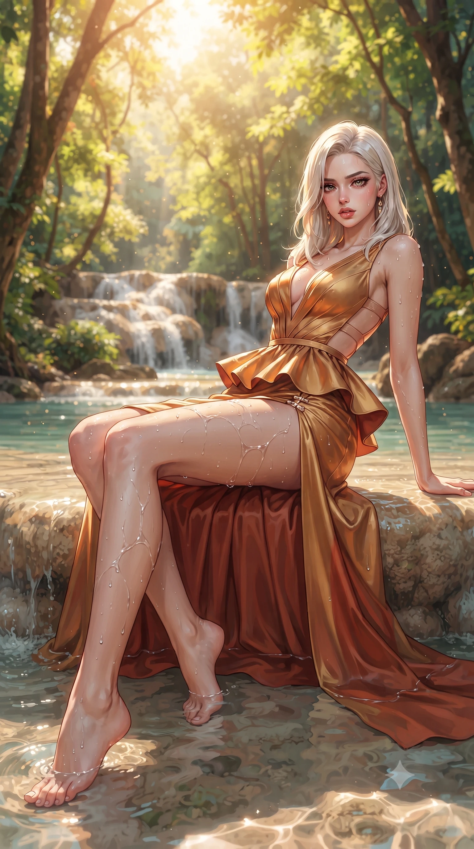 score_9, masterpiece, best quality, ultra-detailed, high-budget anime keyframe, semi-realistic 3D game render, editorial fashion photography, tasteful artistic composition, Caucasian woman. low angle full-body shot from head to toe showing her feet, filling the entire 9:16 vertical frame with her statuesque presence, stretching her vertical silhouette. reclining on her side in an elegant Cleopatra pose with one knee drawn up, the dramatic contour of her rounded hips and long slender legs commanding the 9:16 vertical frame while wading lightly at the edge of the shallow travertine pool with one knee bent, crystal water caustics tracing her feminine hips and slender legs. The surrounding environment is rendered in vivid detail and crisp panoramic clarity. detailed swimwear or resort gown fabric sheen, water droplet beads on skin, and Croatian lake clarity in high resolution. She has an exceptionally tall and slender model-like 8.5-heads proportion, an ultra-slim waist, a flat toned midriff, narrow delicate ribcage, and beautifully sculpted feminine hips creating a graceful, slim hourglass silhouette without any bulky heaviness, with impossibly long slender legs. sharp v-shaped jawline, high-bridge nose, intricate jewel-like eyes with depth, thick eyelashes, glossy parted lips with a natural sheen, intensely captivating and seductive bedroom-eyes expression, flawlessly proportioned anatomical accuracy, strict slender model proportions, natural body alignment, perfectly sculpted long slender limbs, ultra-slim waistline, clean dynamic posture without body distortion. wearing a structural geometric peplum gown with sheer side-ribbon cutouts and form-fitting skirt in molten desert gold and burnt terracotta, made of fluid silk crepe with delicate inner corsetry boning, finished with an ultra-high side slit secured by miniature jeweled clasps, the precision-cut side openings and low-back scoop framing her graceful spine and the sensual sweep of her slim, toned hips. bathed in warm morning sunbeams filtering through the lush forest canopy onto the cascading falls. highly saturated vibrant anime colors, detailed shading with soft gradients, rich glossy textures, high-contrast stereoscopic depth, volumetric dynamic lighting, master piece, 9:16 ratio