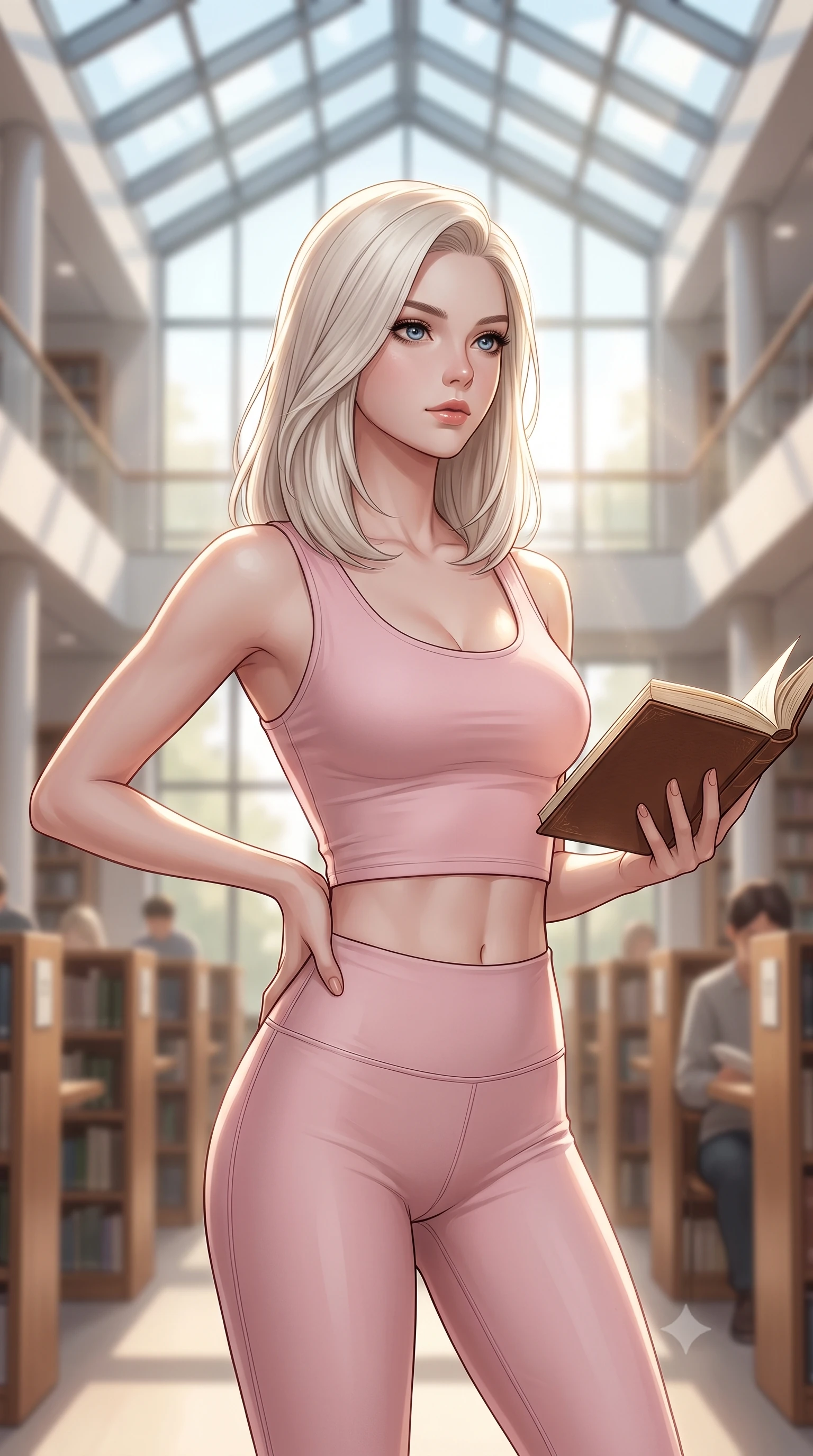 score_9, masterpiece, best quality, ultra-detailed, high-budget anime keyframe, editorial fashion photography, tasteful artistic composition, Caucasian woman woman. close-up cowboy shot from the waist and thighs up, the character dominates the composition, filling the frame with her large presence, background elements kept in soft focus. looking past the camera with a peaceful, thoughtful gaze, enjoying the warm sunlight the background shows a soft-focus a grand modern library with high ceilings, glass roofs, and quiet study areas in soft focus. She has an exceptionally elegant, slender, and willowy female figure with an ultra-slim waist, a gracefully sculpted slender torso, and a refined silhouette. sharp v-shaped jawline, high-bridge nose, intricate jewel-like eyes with depth, thick eyelashes, glossy lips with a natural sheen. wearing a tailored body-hugging light pink crop tank top paired with high-waisted tight-fitting leggings. soft diffused daylight filling the large, peaceful interior space. 2k, ultra detail, master piece, 9:16 ratio