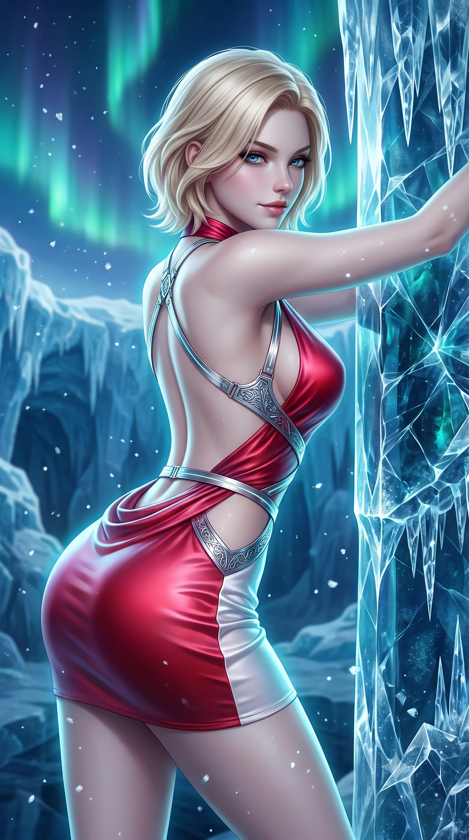 score_9, masterpiece, best quality, ultra-detailed, high-budget anime keyframe, semi-realistic 3D game render, editorial fashion photography, tasteful artistic composition, Caucasian woman. close-up cowboy shot from the waist and thighs up, the character dominates the composition, filling the frame with her large presence. stretching forward with an alluring arch of her spine, glancing over her shoulder with thick eyelashes and a smoldering half-smile while leaning against a crystalline ice pillar with a sovereign, smoldering gaze as diamond frost particles drift past in the crisp air. The surrounding environment is rendered in vivid detail and crisp panoramic clarity. intricate glacial ice fissure geometries, razor-sharp crystal stalactites, and vibrant aurora bands in deep focus. She has an exceptionally elegant, slender, and willowy female figure with an ultra-slim waist, a gracefully sculpted slender torso, toned flat midriff, and a refined slim silhouette. sharp v-shaped jawline, high-bridge nose, intricate jewel-like eyes with depth, thick eyelashes, glossy lips with a natural sheen, flawlessly proportioned anatomical accuracy, strict slender model proportions, natural body alignment, perfectly sculpted long slender limbs, ultra-slim waistline, clean dynamic posture without body distortion. wearing a form-contouring liquid satin halter-neck mini dress with a deep crossover cowl front, open back, and ultra-slender waist drape in radiant crimson silk and crisp snow white, made of smooth iridescent silk chiffon that shifts colors with movement, reinforced by a sleek metallic chrome harness and delicate glowing micro-straps, the precision-cut daring openings accentuating her delicate midriff, graceful bare collarbones, and ultra-slim feminine waistline. illuminated by cool white key light and crisp cyan rim highlights tracing her slender curves. highly saturated vibrant anime colors, detailed shading with soft gradients, rich glossy textures, high-contrast stereoscopic depth, volumetric dynamic lighting, master piece, 9:16 ratio