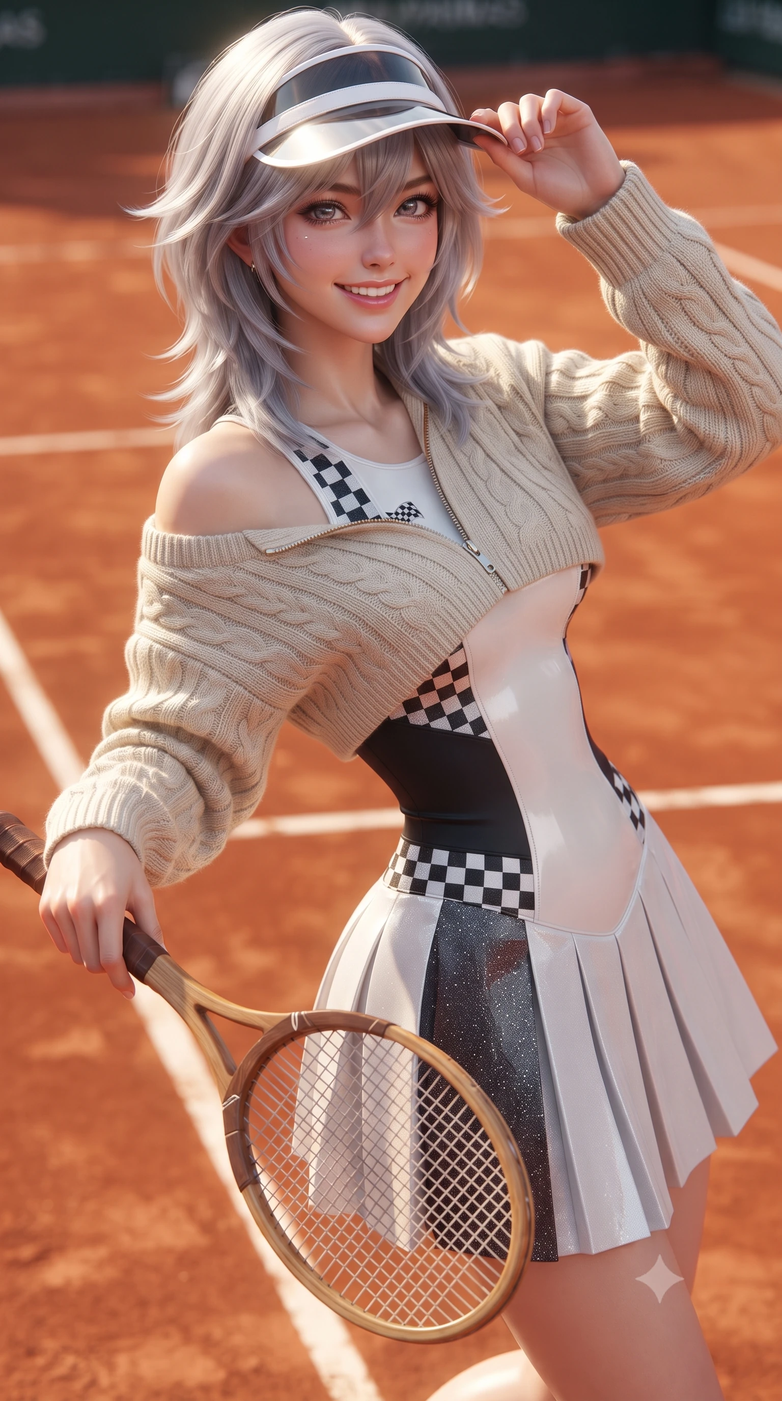 score_9, masterpiece, best quality, ultra-detailed, high-budget anime keyframe, editorial fashion photography, tasteful artistic composition, Japanese woman. close-up cowboy shot from the waist and thighs up, the character dominates the composition, filling the frame with her large presence. tilting her head with a cute beaming smile while arching her spine with athletic poise, one hand adjusting her racing visor in a flirtatious S-curve while twisting her slender torso in an alluring contrapposto stance, holding a classic racket while warm Paris afternoon breezes flutter her skirt. The surrounding environment is rendered in vivid detail and crisp panoramic clarity: sharp crushed brick clay grain, white painted baseline tape, and racket string tension clarity in deep focus. She has an exceptionally elegant, slender, and willowy female figure with an ultra-slim waist, flat toned midriff, narrow ribcage, and sculpted feminine hips creating an alluring, slim hourglass silhouette without bulk. sharp v-shaped jawline, high-bridge nose, sparkling eyes with athletic focus and depth, thick curled eyelashes, glossy parted lips with a natural coral-peach sheen, bright confident and coquettish smile with alluring bedroom-eyes, exuding both youthful sporty vigor and sovereign high-society glamour, flawlessly proportioned anatomical accuracy, strict slender model proportions, natural body alignment, perfectly sculpted long slender limbs, ultra-slim waistline, clean dynamic posture without body distortion. wearing a luxurious cashmere cable-knit tennis sweater draped over a liquid-tight white leather racerback bodysuit in matte obsidian black and checkered flag white, woven from metallic lurex and technical nylon with subtle starlight glints, finished with contrasting racing stripe tape and subtle checkered flag embroidery, the form-fitting tailored bodice adhering flawlessly to her sculpted flat midriff and slender torso, emphasizing her long leg lines and perfectly proportioned willowy build. illuminated by terracotta ground bounce fill and sharp warm-gold rim lighting defining her razor-sharp jawline, narrow waist, and curvy hips. ultra-reflective glossy finish, specular highlights, rich textural contrasts, high-contrast stereoscopic depth, volumetric dynamic lighting, 2k, ultra detail, master piece, 9:16 ratio