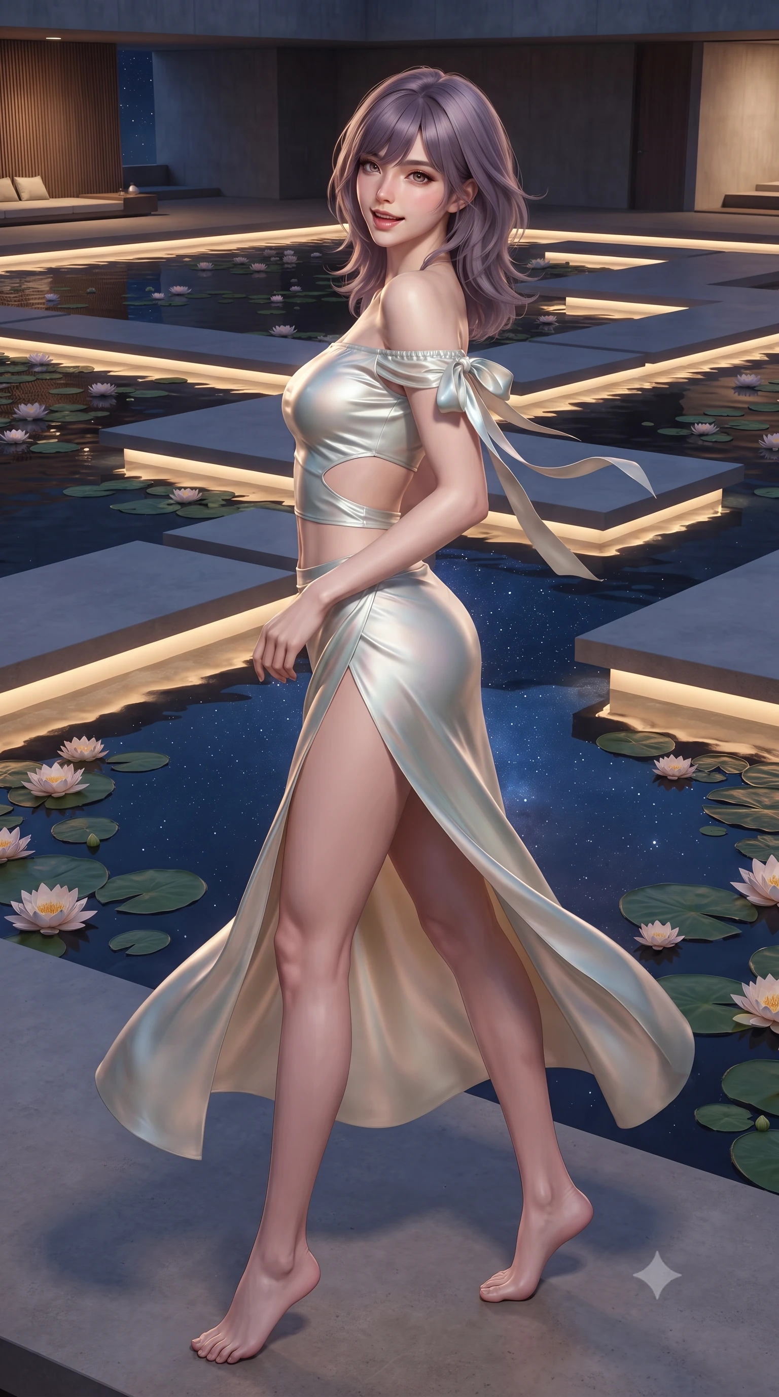 score_9, masterpiece, best quality, ultra-detailed, high-budget anime keyframe, editorial fashion photography, tasteful artistic composition, Japanese woman. low angle full-body shot from head to toe showing her feet, filling the entire 9:16 vertical frame with her statuesque presence, stretching her vertical silhouette. executing a slow, graceful pivot turn as her skirt sways around her slender legs, glancing back with an enchanting, teasing sensual expression while twisting her slender torso in an alluring S-curve, floating water lilies and reflected starry skies framing her flat midriff and hips. The surrounding environment is rendered in vivid detail and crisp panoramic clarity: detailed garment cut, bodycon tailoring, and award-winning contemporary architecture in high resolution. She has an exceptionally tall and slender model-like 8.5-heads proportion, an ultra-slim waist, a flat toned midriff, narrow delicate ribcage, and beautifully sculpted feminine hips creating a graceful, slim hourglass silhouette without any bulky heaviness, with impossibly long slender legs. sharp v-shaped jawline, high-bridge nose, intricate jewel-like sparkling eyes with depth, thick eyelashes, glossy parted lips with a natural peach sheen, bright cheerful beaming smile with an enchanting and coquettish sensual glint, exuding both youthful cute charm and seductive allure, flawlessly proportioned anatomical accuracy, strict slender model proportions, natural body alignment, perfectly sculpted long slender limbs, ultra-slim waistline, clean dynamic posture without body distortion. wearing an alluring off-the-shoulder crop top with asymmetrical side-torso cutouts and a high-slit wrap skirt in iridescent seafoam pearl and champagne luster, crafted from fluid liquid silk satin that clings smoothly to her narrow waist and rounded hips with a dewy sheen, finished with satin ribbon ties at the shoulders fluttering in the gentle breeze, the high-slit wrap tailoring accentuating her ultra-slim waistline and the enchanting curve of her feminine hips with alluring seductive charm. bathed in the warm 2700K linear architectural cove lights concealed beneath floating pathways. ultra-reflective glossy finish, specular highlights, rich textural contrasts, high-contrast stereoscopic depth, volumetric dynamic lighting, 2k, ultra detail, master piece, 9:16 ratio