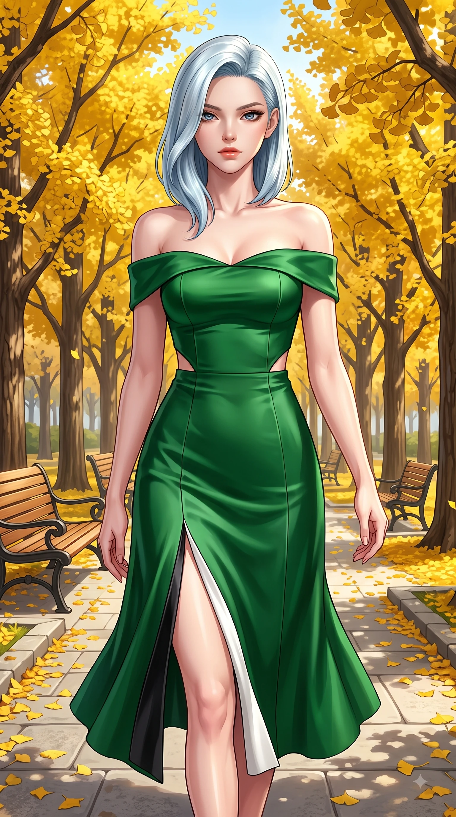 score_9, masterpiece, best quality, ultra-detailed, high-budget anime keyframe, editorial fashion photography, tasteful artistic composition, Korean woman. close-up cowboy shot from the waist and thighs up, the character dominates the composition, filling the frame with her large presence. Haughty, chic expression with a poised chin-tilt and an aloof, magnetic gaze commanding attention while walking dynamically down a sunlit park avenue lined with golden yellow ginkgo trees. The surrounding environment is rendered in vivid detail and crisp panoramic clarity. intricate leaf vein textures, classic wooden park benches, and stone park paths in sharp resolution. She has an exceptionally elegant, slender, and willowy female figure with an ultra-slim waist, a gracefully sculpted slender torso, and a refined silhouette. sharp v-shaped jawline, high-bridge nose, intricate jewel-like eyes with depth, thick eyelashes, glossy lips with a natural sheen, flawlessly proportioned anatomical accuracy, natural body alignment, perfectly sculpted elegant limbs, clean dynamic posture without body distortion. wearing a vibrant forest green off-shoulder midi dress with a tasteful front slit in monochrome white and glossy black contrast, crafted from smooth liquid silk satin, complemented by clean architectural seams and subtle cutouts, the chic fashion cut framing her graceful clavicle and slender torso. surrounded by a crisp, romantic, and vibrant autumn editorial atmosphere. highly saturated vibrant anime colors, detailed shading with soft gradients, rich glossy textures, high-contrast stereoscopic depth, volumetric dynamic lighting, master piece, 9:16 ratio