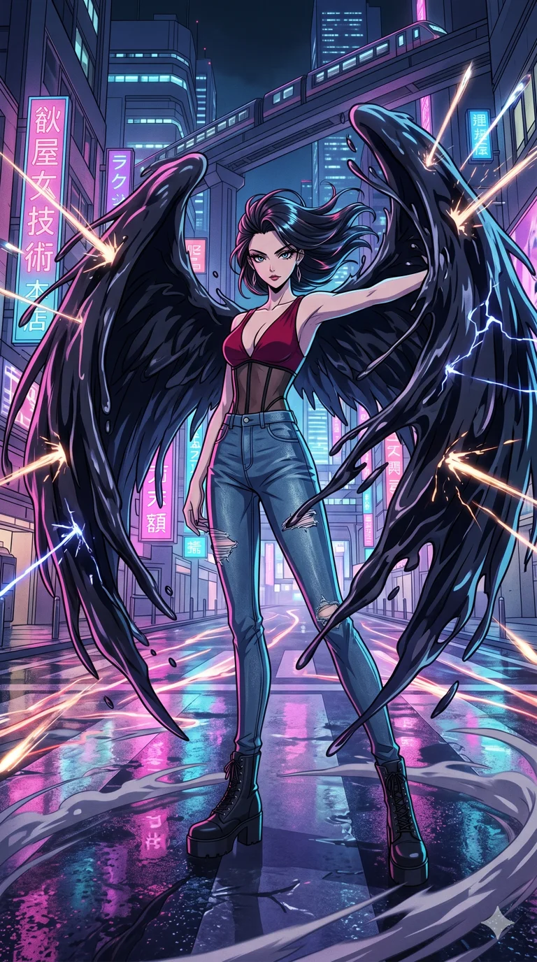 score_9, masterpiece, best quality, ultra-detailed, High-budget Anime Keyframe, beautiful Japanese anime girl. Low angle cowboy shot filling the entire 9:16 frame with her statuesque presence. Defending herself with massive wings made of liquid shadow that block incoming projectiles. She has an absolutely perfect 8-heads proportion, an exceptionally tall and slender female figure with impossibly long slender legs and an ultra-slim waist. Sharp v-shaped jawline, high-bridge nose, intricate jewel-like eyes with depth, thick eyelashes, glossy lips with a natural sheen. Wearing an Urban Trendsetter outfit: deep-cut crimson bodycon dress with high-waist denim and sheer corset. Background is a futuristic city street with neon reflections on wet asphalt and shadow trails. 2k, ultra detail, master piece, 9:16 ratio