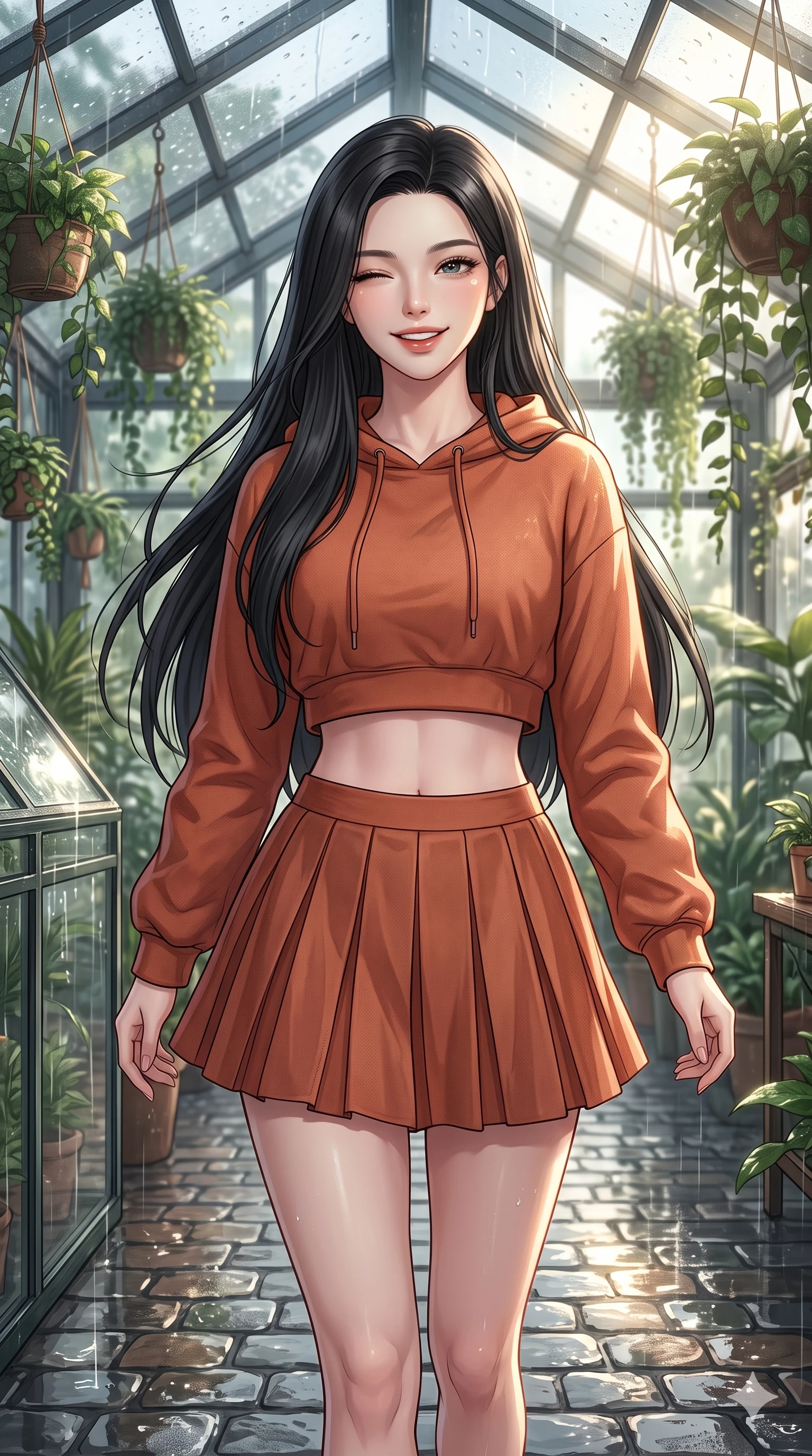 score_9, masterpiece, best quality, ultra-detailed, high-budget anime keyframe, vibrant anime aesthetic, Korean woman. close-up cowboy shot from the waist and thighs up, the character dominates the composition, filling the frame with her large presence, background elements kept in soft focus. She is walking down a rain-slicked path, winking and smiling cheerfully, gazing at the camera with sparkling eyes with a soft breath of wind in her hair. inside a spacious greenhouse cafe filled with hanging plants, where rain drums softly on the glass roof panels (Code-P22-076). She has an absolutely perfect proportion, an exceptionally elegant and slender female figure with an ultra-slim waist. V-shaped jawline, high-bridge nose, intricate jewel-like eyes with depth, thick eyelashes, glossy lips with a natural sheen. wearing a cropped hoodie paired with a high-waisted pleated tennis skirt in warm terracotta. She is drenched in brilliant morning sunshine reflecting off wet glass domes, highlighting her winking face and glossy lips along the cobblestone alley. 2k, ultra detail, master piece, 9:16 ratio