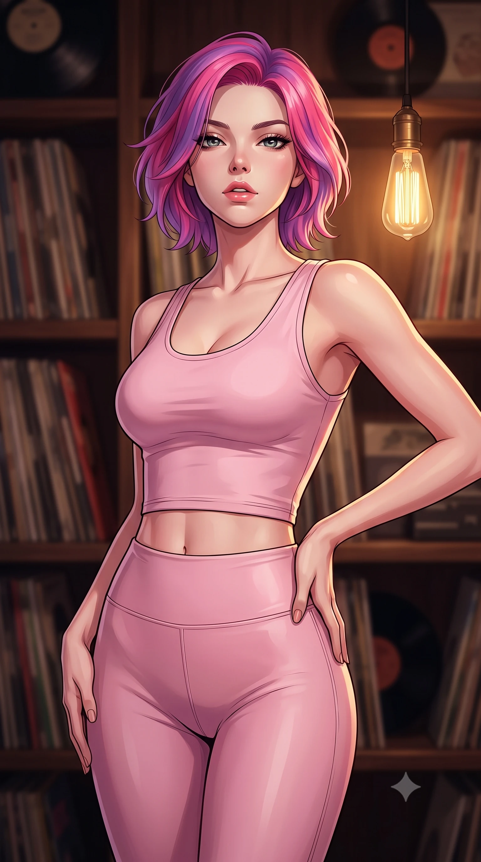 score_9, masterpiece, best quality, ultra-detailed, high-budget anime keyframe, tasteful artistic composition, Caucasian woman. close-up cowboy shot from the waist and thighs up, the character dominates the composition, filling the frame with her large presence, background elements kept in soft focus. tilting her chin up slightly with lips parted in a composed, provocative expression the background shows a soft-focus a private retro LP listening room with dark walnut wood shelves filled with vinyl records. She has an exceptionally elegant, slender, and willowy female figure with an ultra-slim waist, a gracefully sculpted slender torso, and a refined silhouette. sharp v-shaped jawline, high-bridge nose, intricate jewel-like eyes with depth, thick eyelashes, glossy lips with a natural sheen. wearing a form-contouring body-hugging light pink crop tank top paired with high-waisted tight-fitting leggings. warm golden light from a single retro bulb casting cozy, soft shadows. highly saturated vibrant anime colors, cel-shading, 2d style, master piece, 9:16 ratio