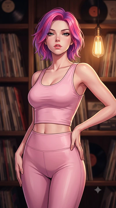 score_9, masterpiece, best quality, ultra-detailed, high-budget anime keyframe, tasteful artistic composition, Caucasian woman. close-up cowboy shot from the waist and thighs up, the character dominates the composition, filling the frame with her lar