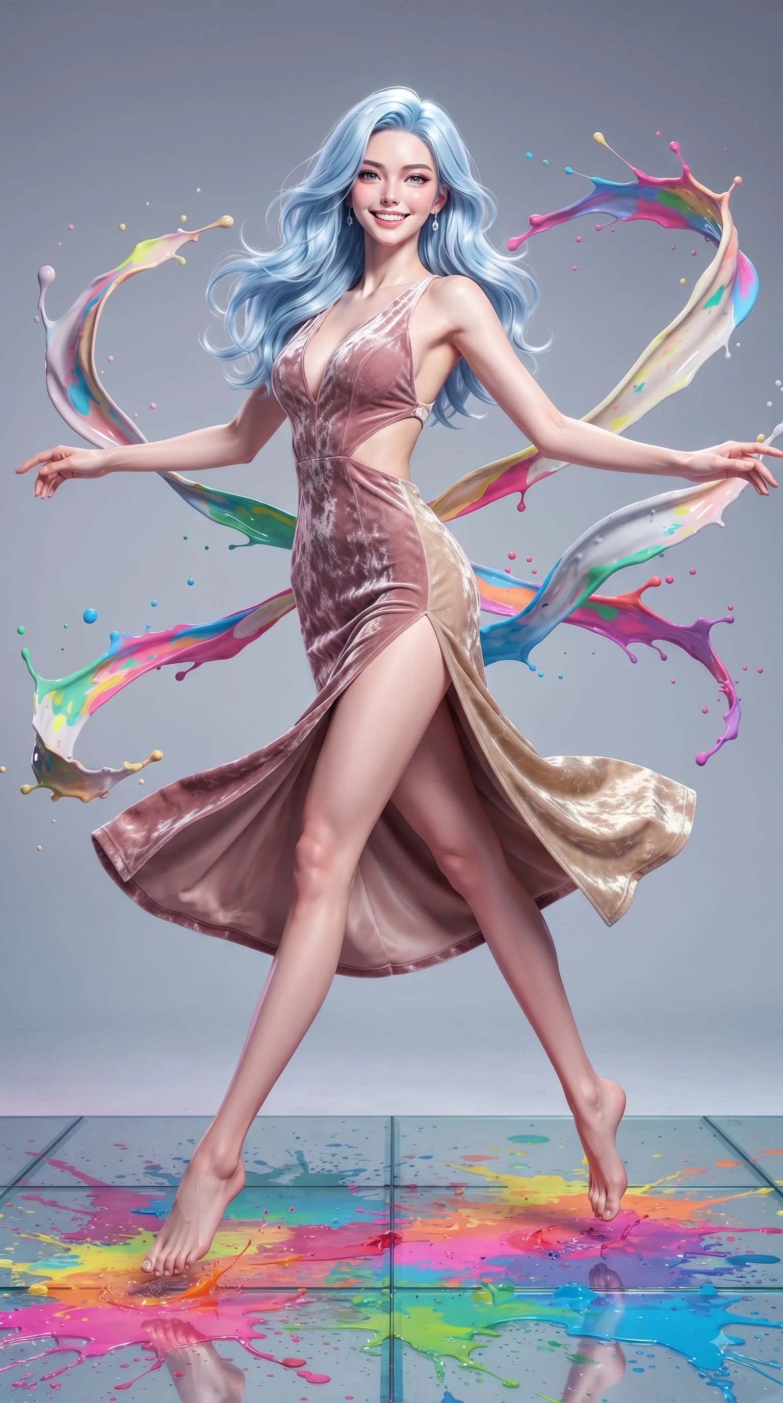 score_9, masterpiece, best quality, ultra-detailed, high-budget anime keyframe, editorial fashion photography, tasteful artistic composition, Korean woman. low angle full-body shot from head to toe showing her feet, filling the entire 9:16 vertical frame with her statuesque presence, stretching her vertical silhouette. leaping with pure joy through mid-air with a radiant bright smile, her impossibly long slender legs stretched in perfect balance while pivoting gracefully on a reflective glass floor drenched in vibrant multi-color paint splashes, vibrant ribbons of opal paint and color splashes frozen in mid-air around her figure. She has an absolutely perfect, statuesque 8.5-heads proportion, an exceptionally tall and slender model-like female figure with impossibly long slender legs and an ultra-slim waist. sharp v-shaped jawline, high-bridge nose, intricate jewel-like eyes with depth, thick eyelashes, glossy lips with a natural sheen, flawlessly proportioned anatomical accuracy, natural body alignment, perfectly sculpted elegant limbs, clean dynamic posture without body distortion. wearing a backless crushed velvet gown with a deep V-neckline and high thigh slit in dusty rose and champagne gold, made of premium stretch velvet with a rich sheen, featuring clean architectural cutouts along her slender torso, the glove-like fit emphasizing her statuesque silhouette during motion. bathed in high-contrast vibrant studio lighting with sharp cheerful specular highlights. ultra-reflective glossy finish, specular highlights, metallic sheen, high-contrast stereoscopic depth, volumetric dynamic lighting, 2k, ultra detail, master piece, 9:16 ratio