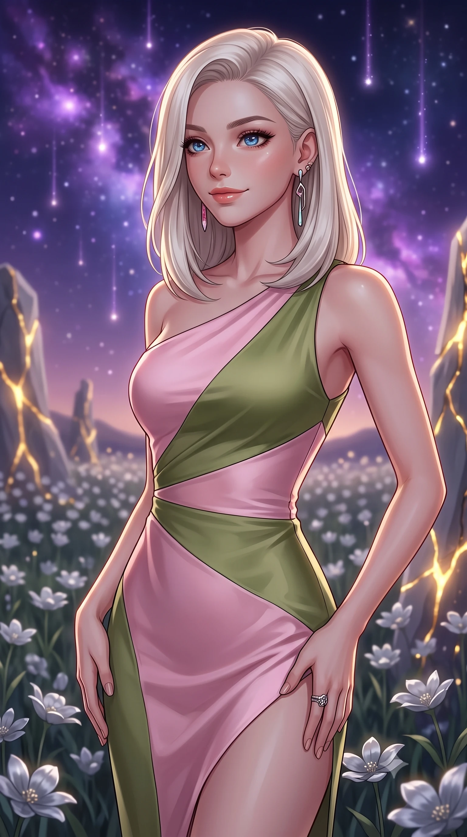 score_9, masterpiece, best quality, ultra-detailed, high-budget anime keyframe, editorial fashion photography, tasteful artistic composition, Caucasian woman, strictly human ears. close-up cowboy shot from the waist and thighs up, the character dominates the composition, filling the frame with her large presence, background elements kept in soft focus. Casting a soft, warm, affectionate smile with glowing eyes. set against a soft-focus background of in an endless field of silver flowers swaying in the night breeze under a sky filled with glowing violet nebulae and falling stardust. She has an exceptionally elegant, slender, and willowy female figure with a highly-defined ultra-slim waist, a gracefully sculpted slender torso, and a refined slim-fit silhouette that contours her form. sharp v-shaped jawline, high-bridge nose, intricate jewel-like eyes with depth, thick eyelashes, glossy lips with a natural sheen. wearing a sleek asymmetric one-shoulder dress in pastel pink and olive green silk, following her slender frame with sharp lines. glowing kintsugi gold light radiating from cracks in the environment creating a majestic inner glow. 2k, ultra detail, master piece, 9:16 ratio