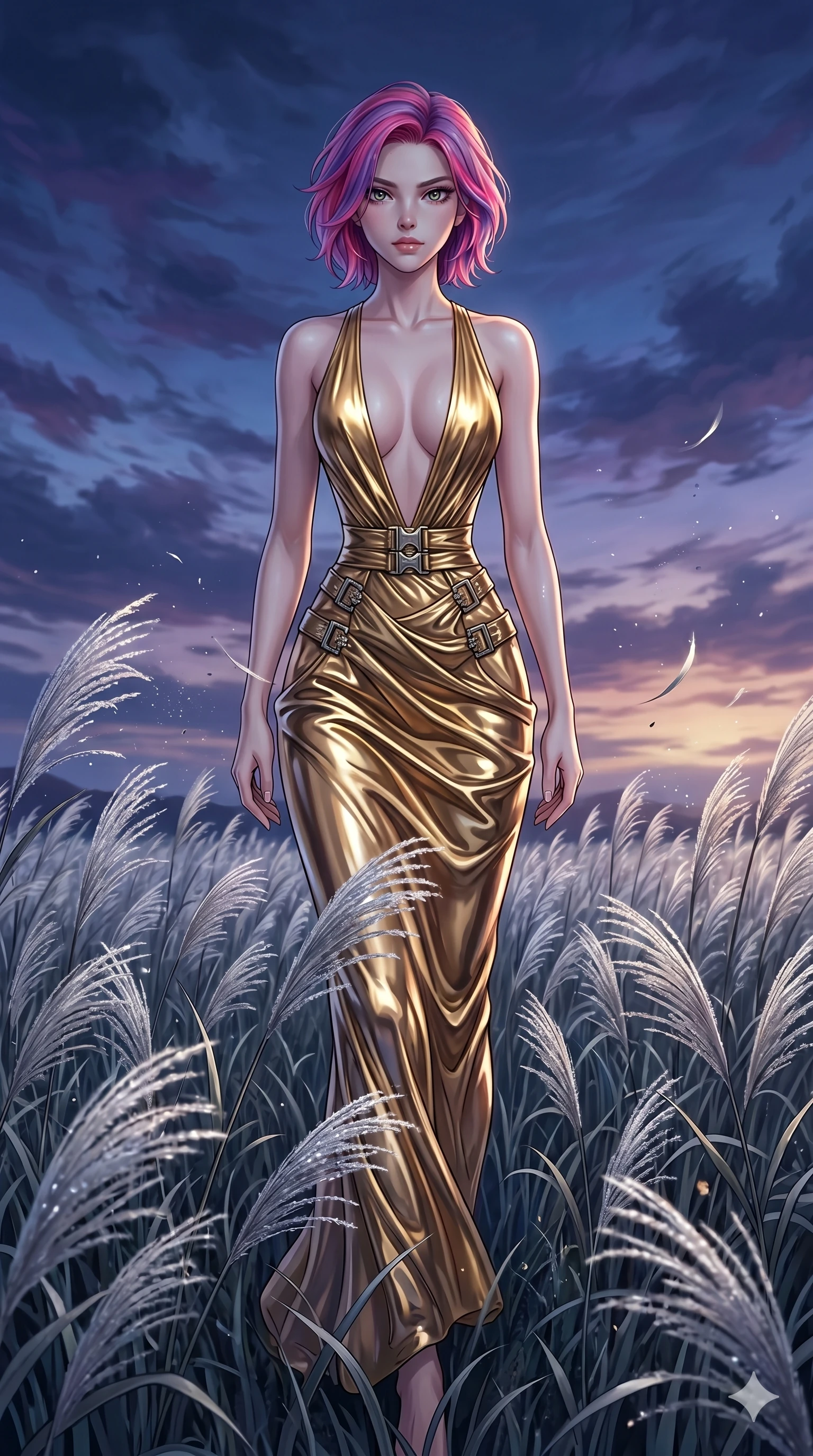 score_9, masterpiece, best quality, ultra-detailed, High-budget Anime Keyframe, East Asian woman. Dynamic full-body shot stretching the vertical silhouette to the limit. Scenario 8: Walking through a field of tall silver grass at twilight. Her presence is magnetic and overpowering in this high-budget anime scene. Outfit 8: A molten liquid silk gold with a plunging V-neckline and metallic buckles. The clothing is designed to emphasize her exceptionally tall and slender 8-heads proportion. 8-heads proportion, towering silhouette, ultra-slim waist. sharp v-shaped jawline, intricate jewel-like eyes with depth, thick eyelashes, glossy lips. 2k, ultra detail, master piece, 9:16 ratio