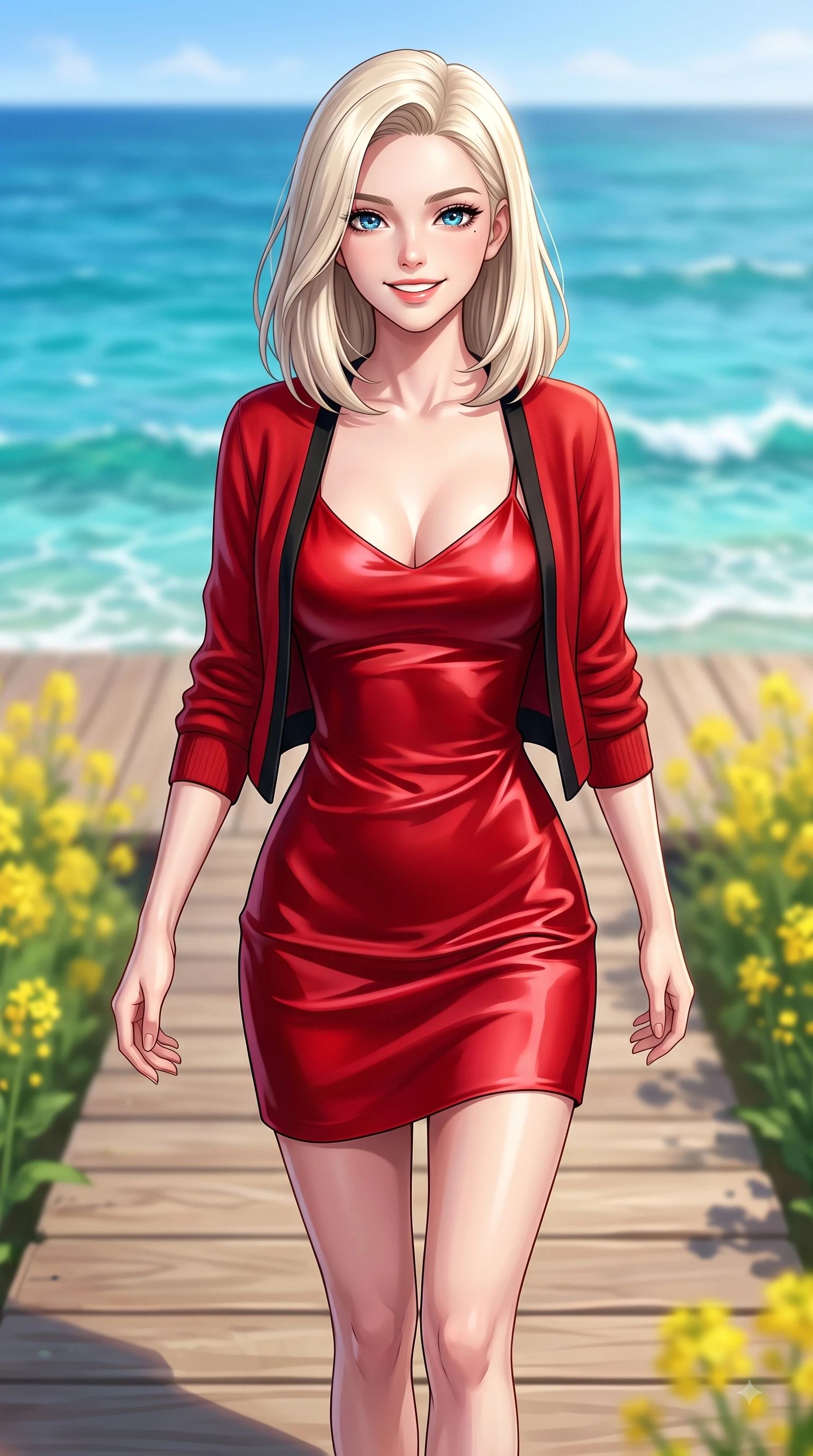 score_9, masterpiece, best quality, ultra-detailed, high-budget anime keyframe, editorial fashion photography, tasteful artistic composition, Caucasian woman. close-up cowboy shot from the waist and thighs up, the character dominates the composition, filling the frame with her large presence. Gazing directly into the camera with a fresh, infectious smile as her torso curves dynamically in mid-stride while walking cheerfully along a seaside wooden boardwalk overlooking a turquoise ocean. The composition keeps background elements in soft focus with dreamy bokeh. crystal-clear turquoise sea waves and yellow canola fields blurred into dreamy ocean bokeh. She has an exceptionally elegant, slender, and willowy female figure with an ultra-slim waist, a gracefully sculpted slender torso, and a refined silhouette. sharp v-shaped jawline, high-bridge nose, intricate jewel-like eyes with depth, thick eyelashes, glossy lips with a natural sheen, flawlessly proportioned anatomical accuracy, natural body alignment, perfectly sculpted elegant limbs, clean dynamic posture without body distortion. wearing a glossy satin slip dress layered under a soft cashmere cardigan in vibrant scarlet red and sleek black trim, tailored from fine wool crepe with clean lines, accented with a Tasteful chest slit framing her clavicle gracefully, the form-contouring material highlighting her ultra-slim waist and long lines. surrounded by a fresh, sun-drenched, and relaxing vacation atmosphere. highly saturated vibrant anime colors, detailed shading with soft gradients, rich glossy textures, high-contrast stereoscopic depth, volumetric dynamic lighting, master piece, 9:16 ratio