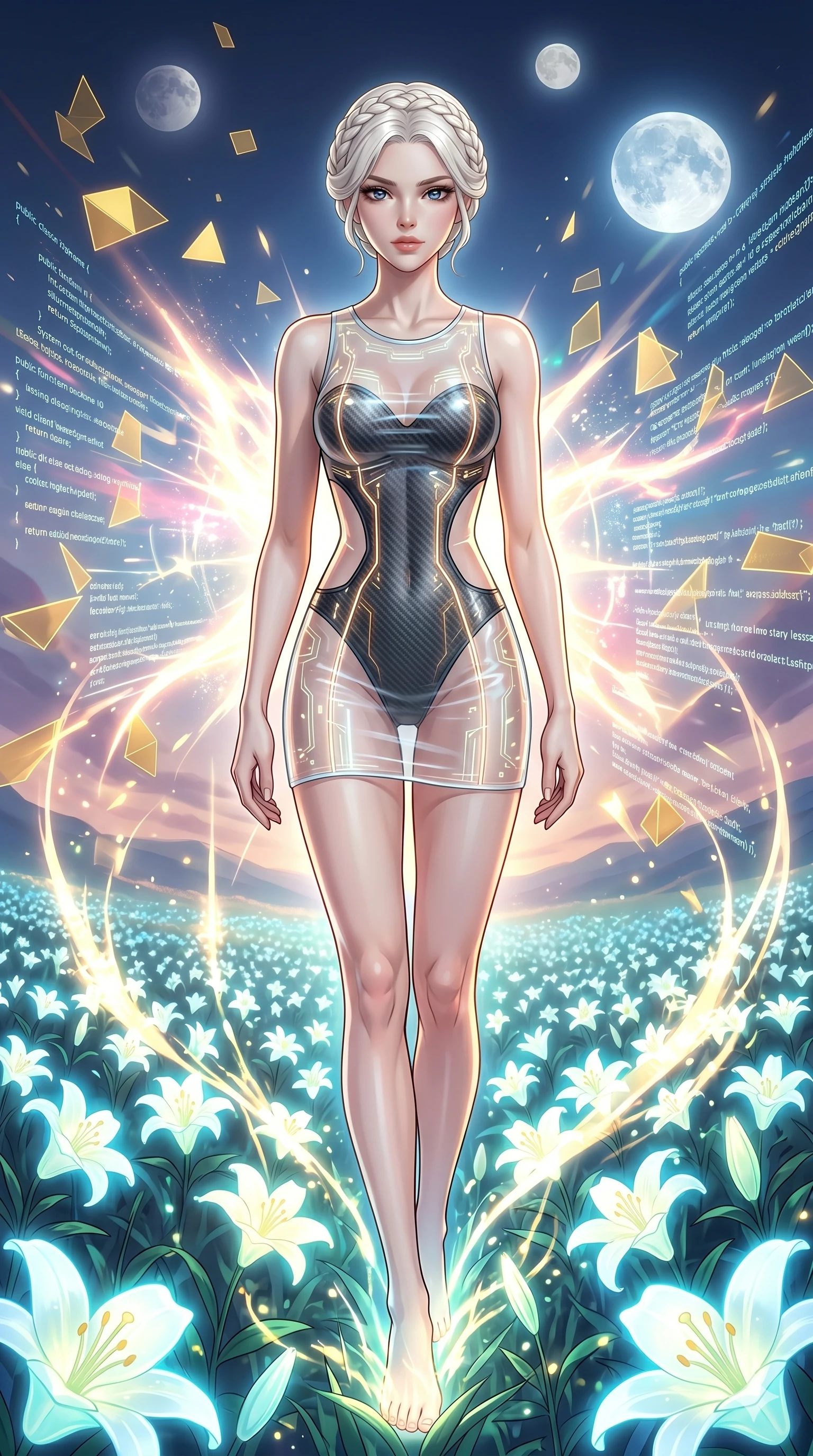 score_9, masterpiece, best quality, ultra-detailed, High-budget Anime Keyframe, vibrant colors, fluid line-art, expressive lighting, cinematic composition, Ufotable-style visual effects, top-tier animation quality, Caucasian woman with pale skin, blonde hair, and (strictly human ears). Cinematic low angle perspective showcasing her towering height and perfect 8-heads proportion. Walking gracefully through a field of bioluminescent lilies that glow brighter as she passes, under a sky filled with three moons. She has an absolutely perfect 8-heads proportion, an exceptionally tall and slender female figure with impossibly long slender legs and an ultra-slim waist, her statuesque height and towering silhouette dominating the vertical 9:16 frame. Her face is a masterpiece featuring a sharp v-shaped jawline, high-bridge nose, intricate jewel-like eyes with depth, thick eyelashes, and glossy lips with a natural sheen. She is wearing a Transparent mini-dress with glowing internal circuits and a high-cut structural leotard crafted from Carbon-fiber weave with a high-tech matte finish and integrated glowing filaments, featuring strategic side cut-outs that emphasize her ultra-slim waist and hips. The scene is set in an abstract digital void with floating golden geometric shapes and rivers of flowing code, illuminated by intense energy flares from her powers illuminating the scene with brilliant light. 2k, ultra detail, master piece, 9:16 ratio