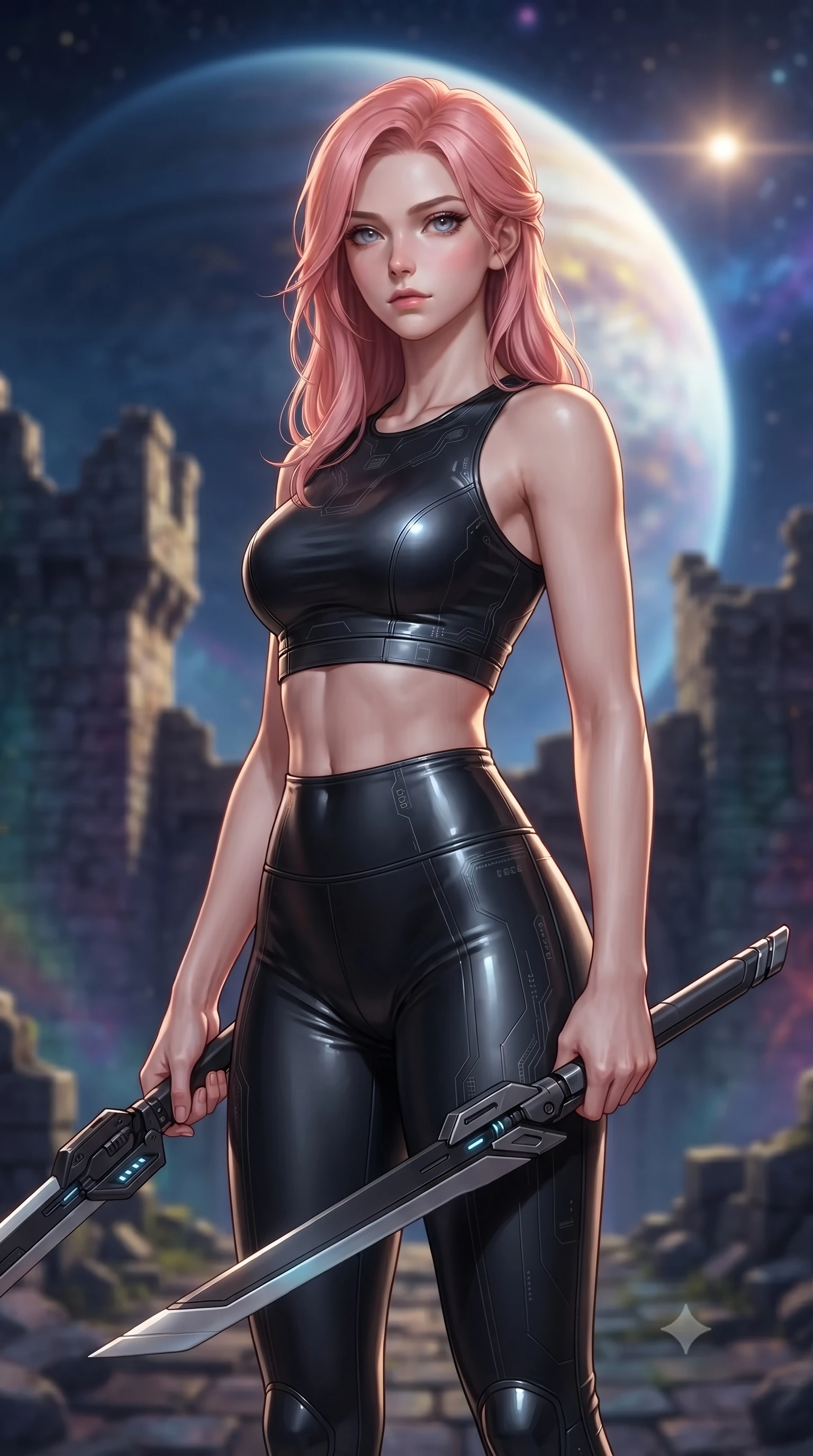 score_9, masterpiece, best quality, ultra-detailed, high-budget anime keyframe, editorial fashion photography, tasteful artistic composition, Japanese woman. close-up cowboy shot from the waist and thighs up, the character dominates the composition, filling the frame with her large presence, background elements kept in soft focus. holding a deactivated nanotech glaive, looking past the camera with quiet, sharp focus and a composed expression, the background shows a soft-focus ruined stone battlements of a citadel suspended in orbit around a gas planet. She has an exceptionally elegant, slender, and willowy female figure with an ultra-slim waist, a gracefully sculpted slender torso, and a refined silhouette. sharp v-shaped jawline, high-bridge nose, intricate jewel-like eyes with depth, thick eyelashes, glossy lips with a natural sheen. wearing a tailored form-fitting athletic crop top and matching high-waisted compression leggings in sleek carbon-black tech fabric. cosmic background light painting the ancient stone walls in a soft wash. ultra-reflective glossy finish, specular highlights, metallic sheen, high-contrast stereoscopic depth, volumetric dynamic lighting, 2k, ultra detail, master piece, 9:16 ratio