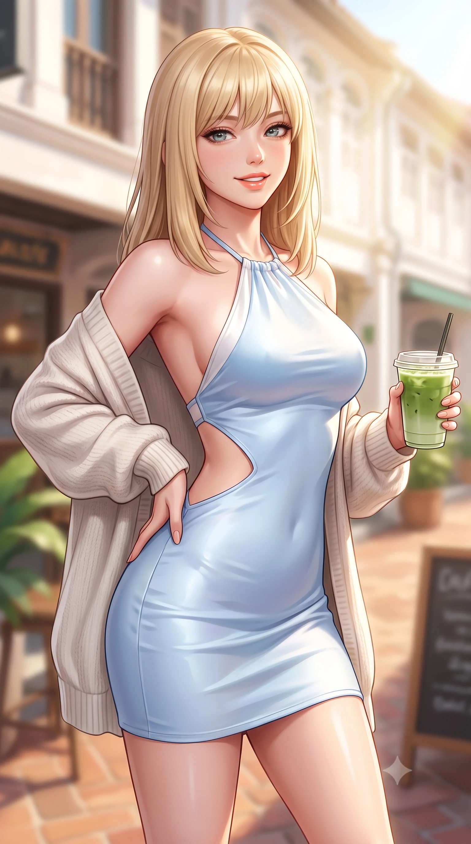 score_9, masterpiece, best quality, ultra-detailed, high-budget anime keyframe, semi-realistic 3D game render, editorial fashion photography, tasteful artistic composition, Japanese woman. close-up cowboy shot from the waist and thighs up, the character dominates the composition, filling the frame with her large presence. tilting her head with a cute beaming smile while arching her spine with effortless dancer poise, one hand sliding along her hip line in a flirtatious S-curve while walking down the quiet heritage street with an iced matcha latte in hand, her form-contouring casual chic outfit accentuating her narrow waist and rounded hips. The composition keeps background elements in soft focus with dreamy creamy bokeh. hip specialty cafe storefronts and sunlit courtyards softened in chic tropical shallow focus. She has an exceptionally elegant, slender, and willowy female figure with an ultra-slim waist, flat toned midriff, narrow ribcage, and sculpted feminine hips creating an alluring, slim hourglass silhouette without bulk. sharp v-shaped jawline, high-bridge nose, intricate jewel-like sparkling eyes with depth, thick eyelashes, glossy parted lips with a natural peach sheen, bright cheerful beaming smile with an enchanting and coquettish sensual glint, exuding both youthful cute charm and seductive allure, flawlessly proportioned anatomical accuracy, strict slender model proportions, natural body alignment, perfectly sculpted long slender limbs, ultra-slim waistline, clean dynamic posture without body distortion. wearing a backless pastel halter sundress with side-waist diamond cutouts and an ultra-fitted hip-hugging silhouette in soft baby blue and crisp cloud white, made of smooth fluid silk satin with a delicate pearlescent sheen, complemented by an oversized soft knit cardigan slipping off one bare shoulder, the form-fitting cut adhering flawlessly to her sculpted flat midriff and slender torso, emphasizing her long leg lines and perfectly proportioned willowy build. bathed in warm, luminous tropical morning sunlight streaming into the secluded courtyard. highly saturated vibrant anime colors, detailed shading with soft gradients, rich glossy textures, high-contrast stereoscopic depth, volumetric dynamic lighting, master piece, 9:16 ratio