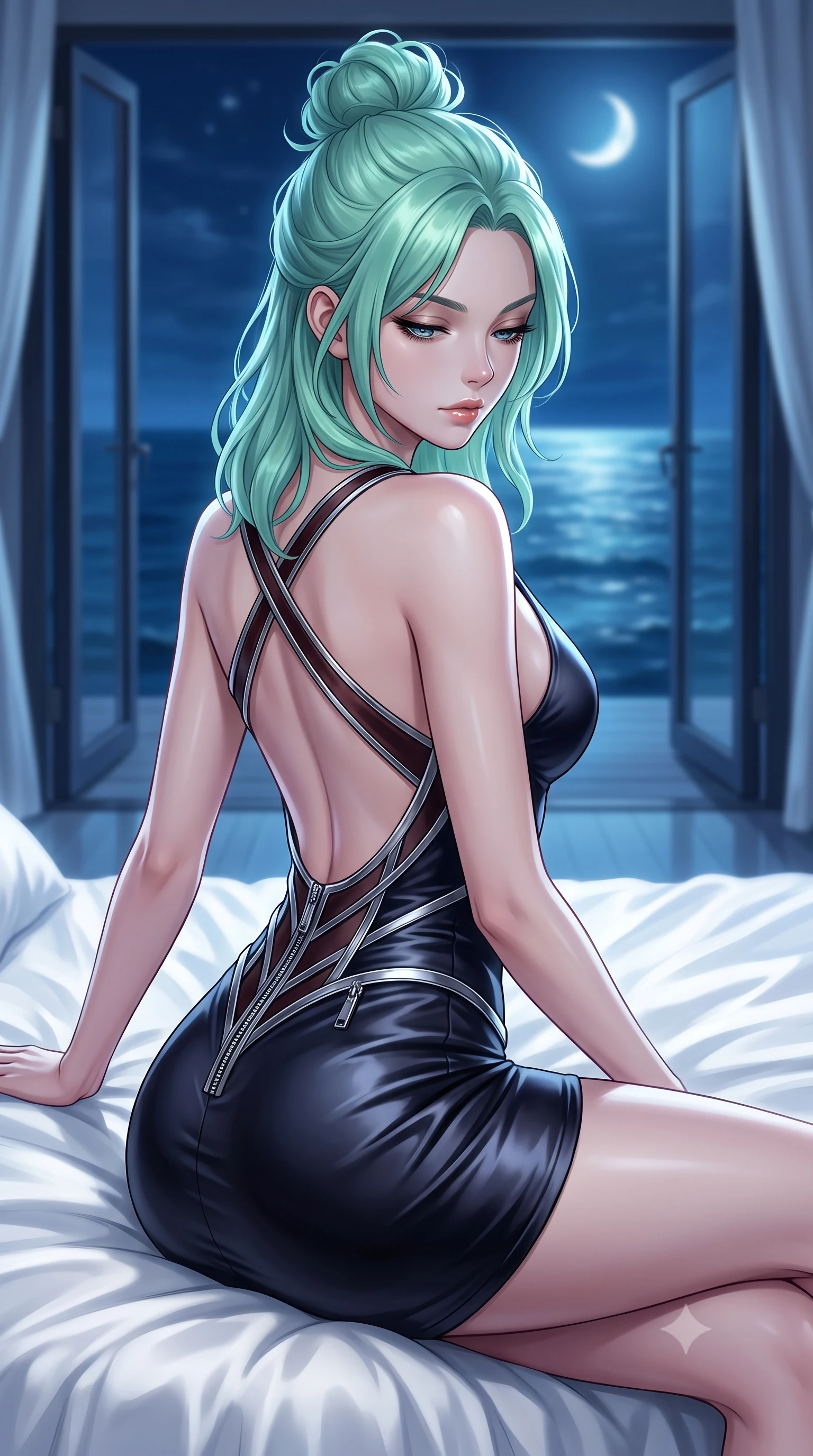 score_9, masterpiece, best quality, ultra-detailed, high-budget anime keyframe, editorial fashion photography, tasteful artistic composition, Japanese woman. close-up cowboy shot from the waist and thighs up, the character dominates the composition, filling the frame with her large presence, background elements kept in soft focus. Looking down with lowered lashes and a composed, powerful dark aura, lounging on a plush white silk daybed as soft sea breezes drift through open doors, dark blue nocturnal ocean forming an endless horizon in soft focus. She has an exceptionally elegant, slender, and willowy female figure with an ultra-slim waist, a gracefully sculpted slender torso, and a refined silhouette. sharp v-shaped jawline, high-bridge nose, intricate jewel-like eyes with depth, thick eyelashes, glossy lips with a natural sheen. wearing dramatically scooped backless dark satin mini dress with criss-cross chrome straps in dark mahogany, made of sculpted obsidian metallic chrome, finished with metallic silver boning and sleek zipper points, the fitted fabric emphasizing her ultra-slim waist. illuminated by cold silver moonlight rays and soft interior ocean reflections. highly saturated vibrant anime colors, detailed shading with soft gradients, rich glossy textures, high-contrast stereoscopic depth, volumetric dynamic lighting, master piece, 9:16 ratio