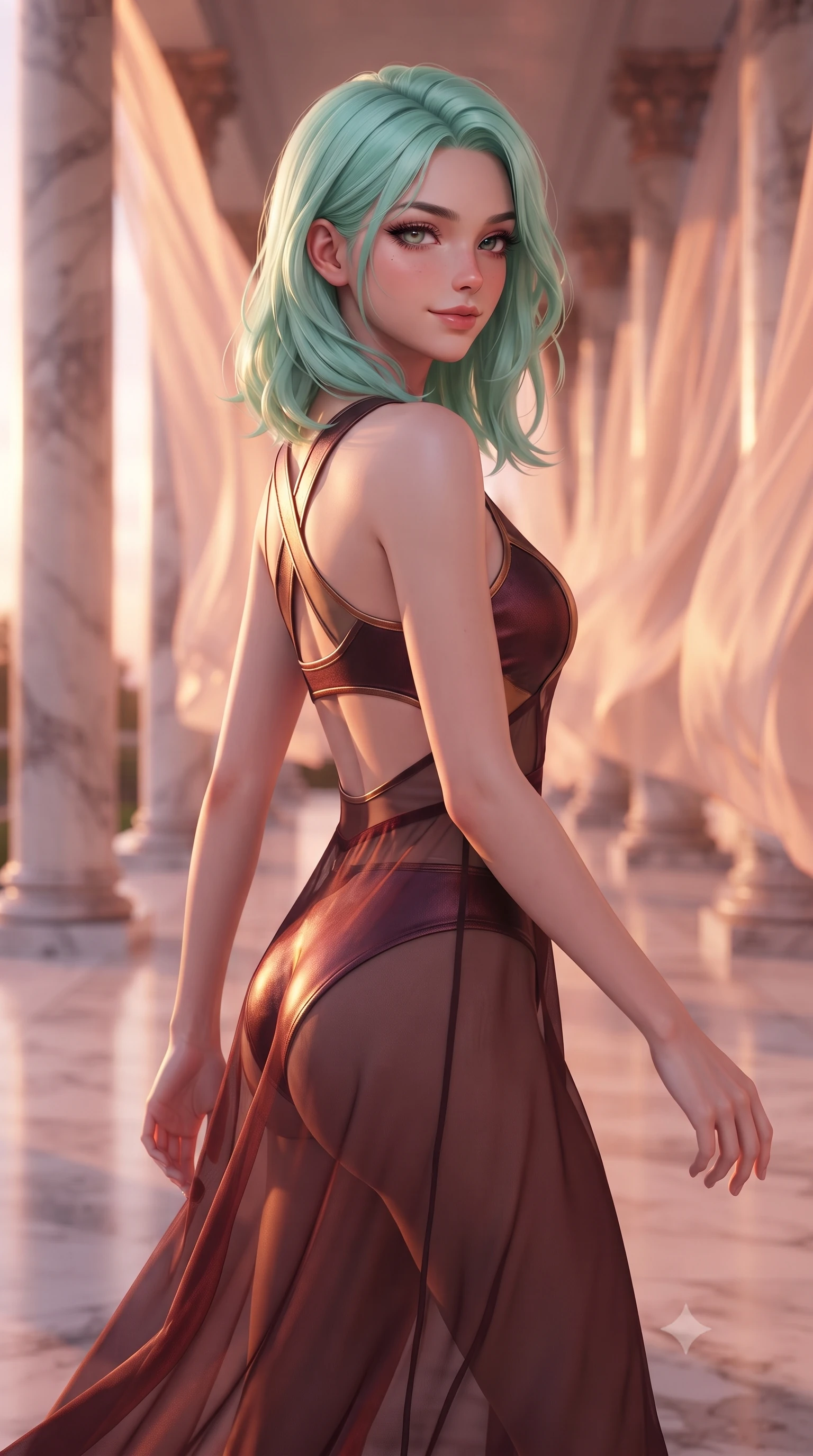 score_9, masterpiece, best quality, ultra-detailed, high-budget anime keyframe, editorial fashion photography, tasteful artistic composition, Japanese woman. close-up cowboy shot from the waist and thighs up, the character dominates the composition, filling the frame with her large presence, background elements kept in soft focus. Glancing sidelong over her shoulder with a smoldering half-smile and heavy lashes walking through an open-air colonnade with billowing silk gossamer curtains, soft rose-gold and amber sunset light reflecting off polished marble. She has an exceptionally elegant, slender, and willowy female figure with an ultra-slim waist, a gracefully sculpted slender torso, and a refined silhouette. sharp v-shaped jawline, high-bridge nose, intricate jewel-like eyes with depth, thick eyelashes, glossy lips with a natural sheen. wearing a semi-opaque sheer overlay dress over a leather micro-bodysuit in deep burgundy and bronze, made of premium stretch velvet with a rich sheen, complemented by criss-cross back straps highlighting her bare shoulders, the form-contouring material highlighting her ultra-slim waist and long lines. surrounded by a bright, luxurious aura of warm sunshine and sky reflections. highly saturated vibrant anime colors, detailed shading with soft gradients, rich glossy textures, high-contrast stereoscopic depth, volumetric dynamic lighting, master piece, 9:16 ratio