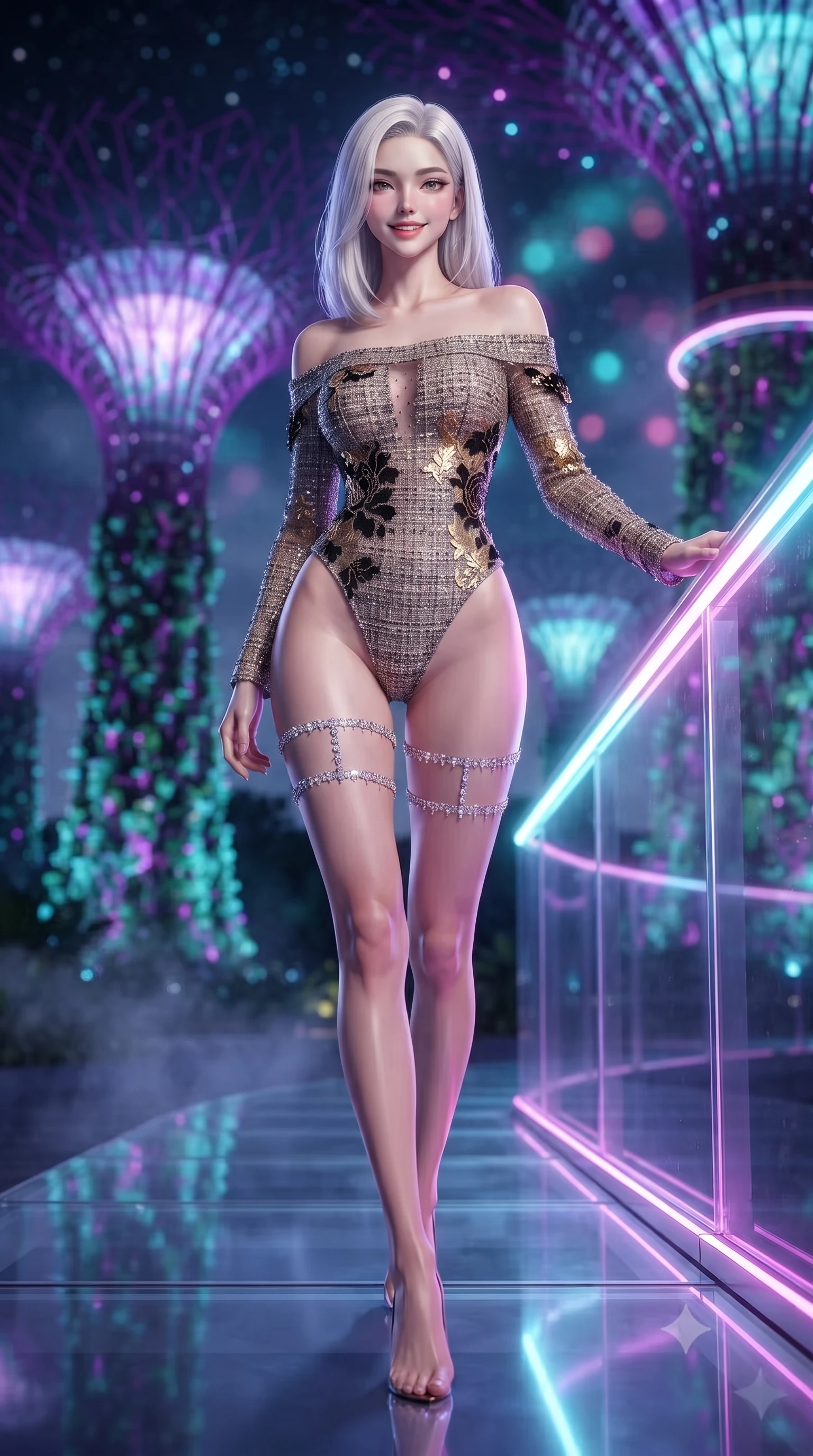 score_9, masterpiece, best quality, ultra-detailed, high-budget anime keyframe, editorial fashion photography, tasteful artistic composition, Korean woman. low angle full-body shot from head to toe showing her feet, filling the entire 9:16 vertical frame with her statuesque presence, stretching her vertical silhouette. stepping forward in a confident stride, her long slender legs and curvaceous hips creating a dynamic, sweeping vertical line while leaning against the illuminated acrylic safety railing with hips cocked back, looking through vertical epiphytic gardens with smoldering bedroom-eyes. The background shows a soft-focus colossal 16-story Supertrees wrapped in vertical gardens and pulsing with electric violet and cyan lights, nocturnal mist clouds, and starry sky blurred into magenta, turquoise, and sapphire bokeh. She has an exceptionally tall and slender model-like 8.5-heads proportion, an ultra-slim waist, a flat toned midriff, narrow delicate ribcage, and beautifully sculpted feminine hips creating a graceful, slim hourglass silhouette without any bulky heaviness, with impossibly long slender legs. sharp v-shaped jawline, high-bridge nose, intricate jewel-like sparkling eyes with depth, thick eyelashes, glossy parted lips with a natural peach sheen, bright cheerful beaming smile with an enchanting and coquettish sensual glint, exuding both youthful cute charm and seductive allure, flawlessly proportioned anatomical accuracy, strict slender model proportions, natural body alignment, perfectly sculpted long slender limbs, ultra-slim waistline, clean dynamic posture without body distortion. wearing an off-the-shoulder sheer-illusion mesh bodysuit with strategic floral flocking and high-cut leg openings in Viennese golden secession noir and imperial 24k gold leaf, woven from structured British tweed with subtle metallic flecks, finished with delicate crystal-encrusted thigh garter straps glinting in the dim light, the second-skin tailored fabric adhering flawlessly to her sculpted flat midriff and slender torso, emphasizing her long leg lines and perfectly proportioned willowy build. illuminated by acrylic railing reflection fill and sharp neon-magenta and cyan dual rim lights defining her dewy collarbones, ultra-slim waist, and curvy hips. ultra-reflective glossy finish, specular highlights, rich textural contrasts, high-contrast stereoscopic depth, volumetric dynamic lighting, 2k, ultra detail, master piece, 9:16 ratio