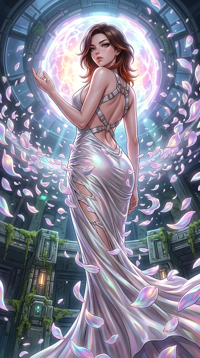 score_9, masterpiece, best quality, ultra-detailed, High-budget Anime Keyframe, East Asian woman. Low angle cowboy shot filling the entire 9:16 frame with her statuesque presence. Scenario 274: dissolving into a cloud of iridescent silk petals inside