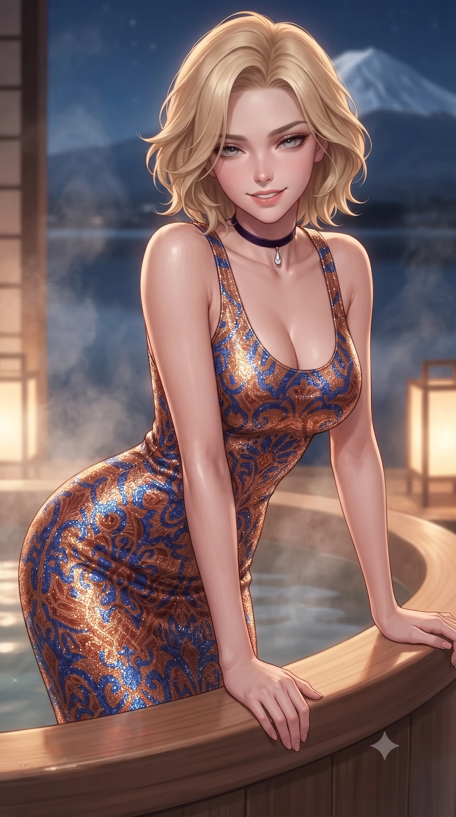 score_9, masterpiece, best quality, ultra-detailed, high-budget anime keyframe, editorial fashion photography, tasteful artistic composition, Caucasian woman. close-up cowboy shot from the waist and thighs up, the character dominates the composition, filling the frame with her large presence. leaning forward while arching her lower back to accentuate her curvy hips, looking into the camera with an intoxicating smoldering gaze and bedroom-eyes while leaning against the smooth aromatic cedar bath rim with hips cocked back, looking across the mirror-still lake with heavy-lidded bedroom-eyes. The background shows a soft-focus wisps of fragrant mineral onsen steam softened in private Japanese ryokan sanctuary shallow focus. She has an exceptionally elegant, slender, and willowy female figure with an ultra-slim waist, flat toned midriff, narrow ribcage, and sculpted feminine hips creating an alluring, slim hourglass silhouette without bulk. sharp v-shaped jawline, high-bridge nose, intricate jewel-like sparkling eyes with depth, thick eyelashes, glossy parted lips with a natural peach sheen, bright cheerful beaming smile with an enchanting and coquettish sensual glint, exuding both youthful cute charm and seductive allure, flawlessly proportioned anatomical accuracy, strict slender model proportions, natural body alignment, perfectly sculpted long slender limbs, ultra-slim waistline, clean dynamic posture without body distortion. wearing a sculpted metallic lurex knit column dress clinging smoothly to her curves with radiant shimmer in Andalusian Alhambra azulejo cobalt and warm terracotta copper, woven from buttery-soft stretch lambskin leather adhering to her body like a second skin, finished with a thin velvet ribbon choker and a single teardrop diamond pendant, the bespoke structured tailoring following the natural line of her 8.5-heads silhouette with refined elegance. bathed in the warm 2500K glow of Japanese washi paper floor lanterns mixed with crisp silver moonlight on Mount Fuji's snows. ultra-reflective glossy finish, specular highlights, rich textural contrasts, high-contrast stereoscopic depth, volumetric dynamic lighting, 2k, ultra detail, master piece, 9:16 ratio