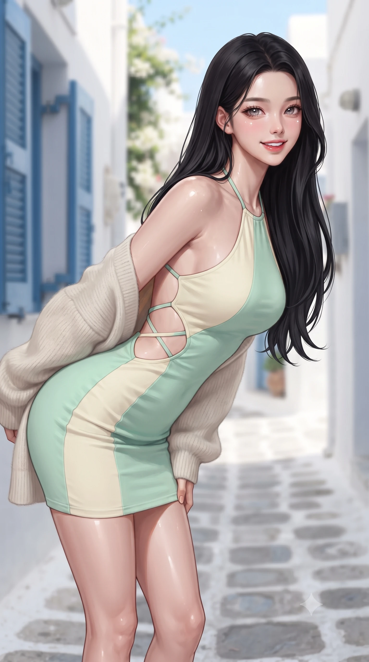 score_9, masterpiece, best quality, ultra-detailed, high-budget anime keyframe, editorial fashion photography, tasteful artistic composition, Korean woman. close-up cowboy shot from the waist and thighs up, the character dominates the composition, filling the frame with her large presence. leaning forward with playful cute grace while arching her lower back to accentuate her curvy hips, looking into the camera with a bright cheerful smile and alluring coquettish bedroom-eyes while walking down the quiet cobblestone village lane, her breezy resort wear clinging to her narrow waist and rounded hips in the Aegean breeze. The composition keeps background elements in soft focus with dreamy creamy bokeh. quiet cobblestone alleys and blue wooden shutters softened in romantic Greek village shallow focus. She has an exceptionally elegant, slender, and willowy female figure with an ultra-slim waist, flat toned midriff, narrow ribcage, and sculpted feminine hips creating an alluring, slim hourglass silhouette without bulk. sharp v-shaped jawline, high-bridge nose, intricate jewel-like sparkling eyes with depth, thick eyelashes, glossy parted lips with a natural peach sheen, bright cheerful beaming smile with an enchanting and coquettish sensual glint, exuding both youthful cute charm and seductive allure, flawlessly proportioned anatomical accuracy, strict slender model proportions, natural body alignment, perfectly sculpted long slender limbs, ultra-slim waistline, clean dynamic posture without body distortion. wearing a backless pastel halter sundress with side-waist diamond cutouts and an ultra-fitted hip-hugging silhouette in refreshing mint green and soft vanilla cream, crafted from liquid-tight stretch jersey emphasizing every curve, complemented by an oversized soft knit cardigan slipping off one bare shoulder, the form-fitting cut adhering flawlessly to her sculpted flat midriff and slender torso, emphasizing her long leg lines and perfectly proportioned willowy build. bathed in brilliant midday Mediterranean sunlight and luminous white wall bounce fill. ultra-reflective glossy finish, specular highlights, rich textural contrasts, high-contrast stereoscopic depth, volumetric dynamic lighting, 2k, ultra detail, master piece, 9:16 ratio