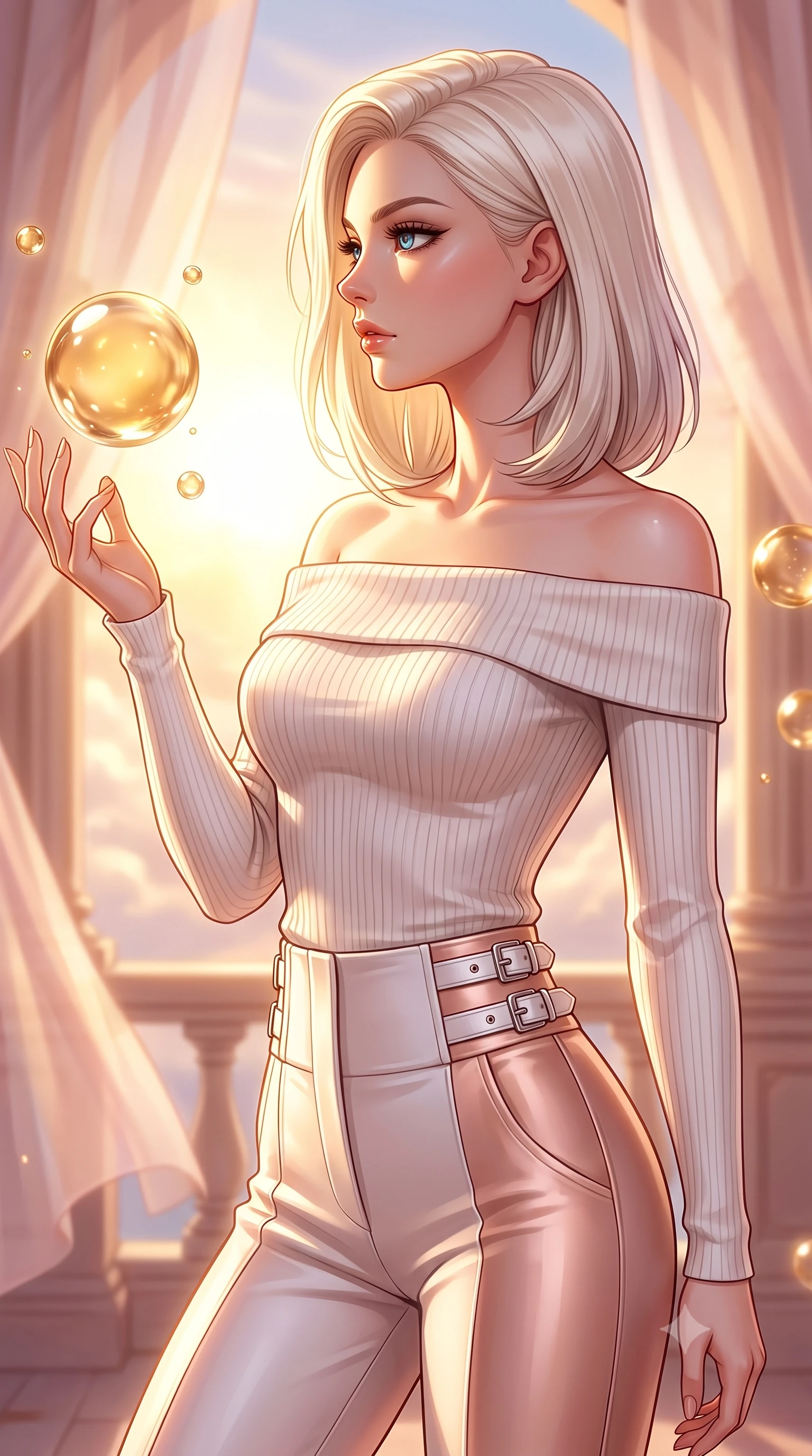 score_9, masterpiece, best quality, ultra-detailed, high-budget anime keyframe, editorial fashion photography, tasteful artistic composition, Caucasian woman. close-up cowboy shot from the waist and thighs up, the character dominates the composition, filling the frame with her large presence, background elements kept in soft focus. Turning her face in sharp dramatic profile against the bright light, showcasing her sharp v-shaped jawline interacting with floating golden water Orbs in a cloudtop palace court, translucent silk curtains drifting lazily in a warm sky breeze. She has an exceptionally elegant, slender, and willowy female figure with an ultra-slim waist, a gracefully sculpted slender torso, and a refined silhouette. sharp v-shaped jawline, high-bridge nose, intricate jewel-like eyes with depth, thick eyelashes, glossy lips with a natural sheen. wearing a sleek off-shoulder ribbed knit top paired with high-waist tailored pants in pearl white and rose gold, formed from sleek second-skin neoprene, detailed with polished silver buckles along the waistline, the elegant draped fit framing her graceful clavicle and slender torso. bathed in glorious golden hour sunbeams and warm rose-gold ambient light. highly saturated vibrant anime colors, detailed shading with soft gradients, rich glossy textures, high-contrast stereoscopic depth, volumetric dynamic lighting, master piece, 9:16 ratio
