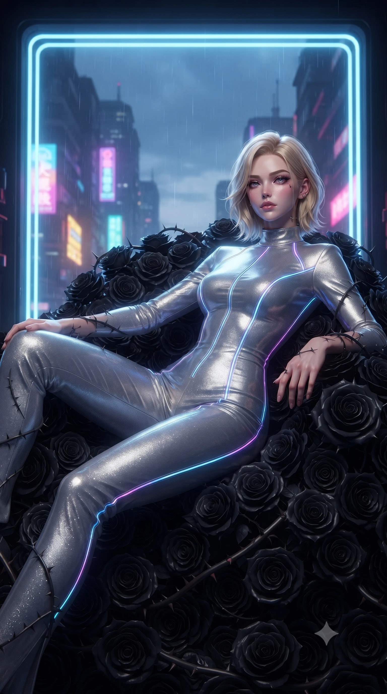 score_9, masterpiece, best quality, ultra-detailed, High-budget Anime Keyframe, editorial fashion photography, tasteful artistic composition, realistic cosplay photography, Caucasian woman, strictly human ears. Low angle cowboy shot filling the entire 9:16 frame with her statuesque presence. Scenario 477: resting on a throne of black roses, thorns grazing her skin, in a glowing neon window at twilight with soft rain falling. Her presence is magnetic and overpowering in this high-budget cinematic scene. Outfit 477: a tailored liquid silver shimmering chiffon jumpsuit featuring a refined mock-neck collar and glowing LED seams. The clothing is designed to emphasize her exceptionally tall and slender 8-heads proportion. 8-heads proportion, towering silhouette, ultra-slim waist. sharp v-shaped jawline, intricate jewel-like eyes with depth, thick eyelashes, glossy lips. ultra-reflective glossy finish, specular highlights, metallic sheen, high-contrast stereoscopic depth, volumetric dynamic lighting, 2k, ultra detail, master piece, 9:16 ratio