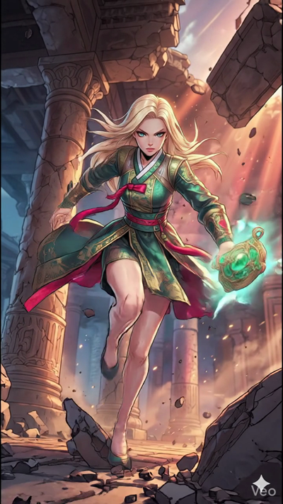 A cinematic 8-second anime-style video showin a blonde woman in a reen and red traditional hanbok-inspired dress sprintin throuh crumblin ancient stone ruins. She holds a lowin jade artifact that emits pulses of teal maical enery, causin lare stone p