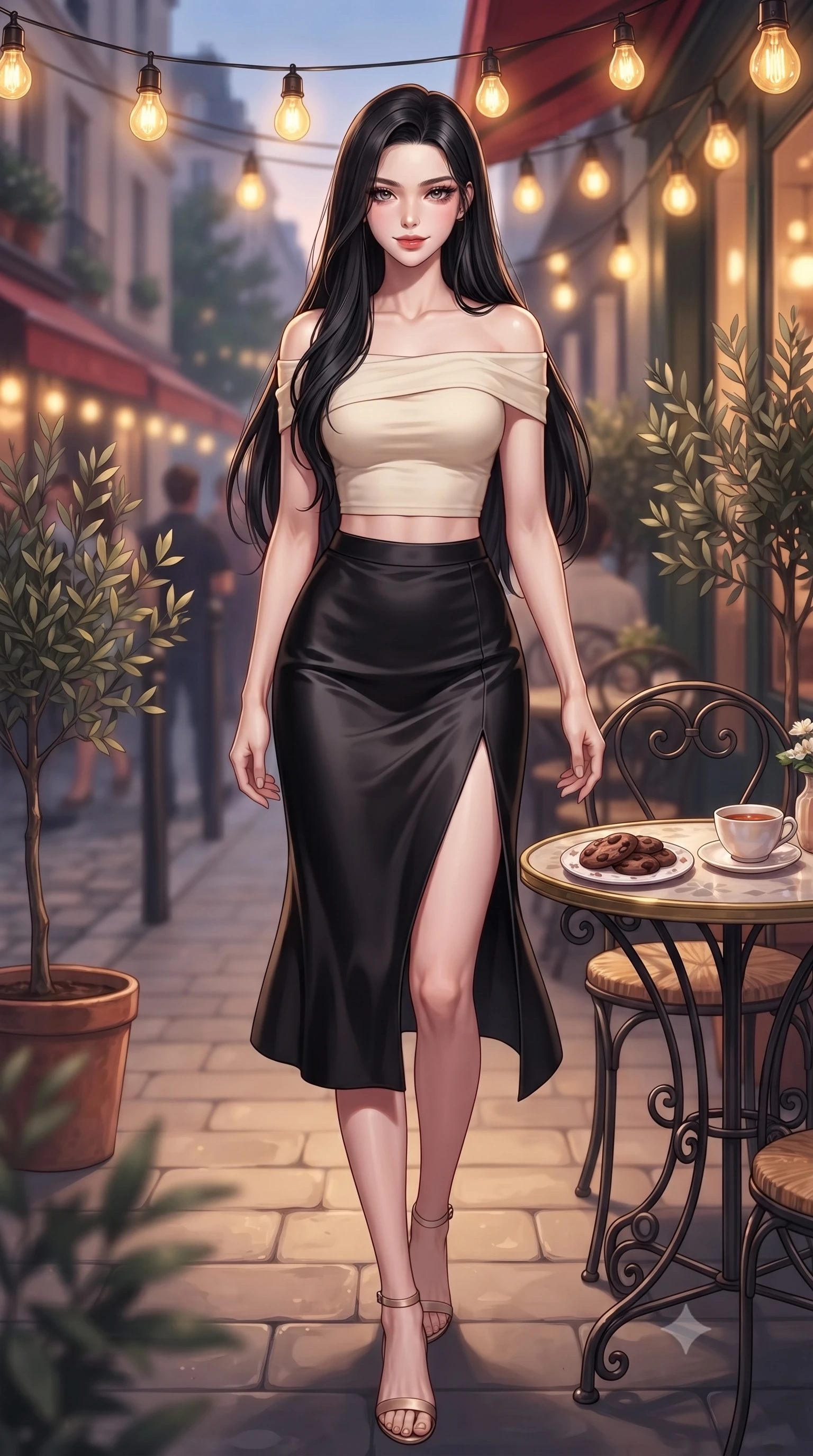 score_9, masterpiece, best quality, ultra-detailed, high-budget anime keyframe, editorial fashion photography, tasteful artistic composition, Korean woman. low angle full-body shot from head to toe showing her feet, filling the entire 9:16 vertical frame with her statuesque presence, stretching her vertical silhouette. stepping forward with an alluring, magnetic smile, her graceful posture highlighting her statuesque silhouette set against a soft-focus background of on a lively street-side bistro terrace next to potted olive trees with a cute ceramic plate of chocolate cookies and a cup of tea on the table. She has an absolutely perfect, statuesque 8.5-heads proportion, an exceptionally tall and slender model-like female figure with impossibly long slender legs and an ultra-slim waist. sharp v-shaped jawline, high-bridge nose, intricate jewel-like eyes with depth, thick eyelashes, glossy lips with a natural sheen. wearing slim-fit stylish off-shoulder crop top paired with a high-slit satin midi skirt. warm golden lighting from hanging lightbulbs creating a cozy dinner mood. highly saturated vibrant anime colors, detailed shading with soft gradients, rich glossy textures, high-contrast stereoscopic depth, volumetric dynamic lighting, master piece, 9:16 ratio
