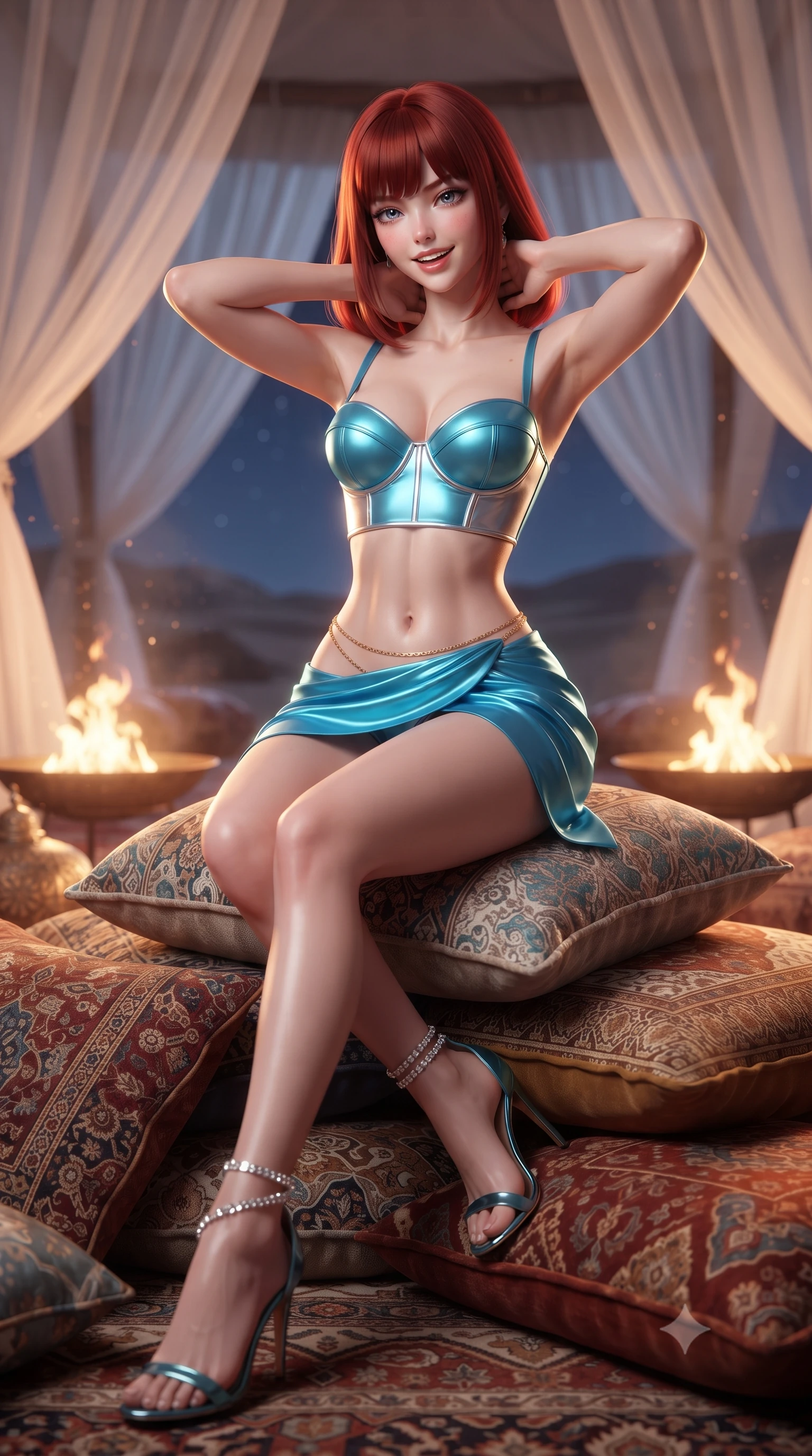 score_9, masterpiece, best quality, ultra-detailed, high-budget anime keyframe, editorial fashion photography, tasteful artistic composition, Caucasian woman. close-up cowboy shot from the waist and thighs up, the character dominates the composition, filling the frame with her large presence. resting both hands lightly behind her neck with elbows raised, arching her spine to highlight her narrow waist, flat midriff, and breathtaking collarbones while sitting gracefully on the luxurious floor cushions with legs crossed, holding a brass tea glass with captivating, parted-lip charm. The background shows a soft-focus billowing sheer white tent canopies softened in exotic Arabian Nights romance shallow focus. She has an exceptionally elegant, slender, and willowy female figure with an ultra-slim waist, flat toned midriff, narrow ribcage, and sculpted feminine hips creating an alluring, slim hourglass silhouette without bulk. sharp v-shaped jawline, high-bridge nose, intricate jewel-like sparkling eyes with depth, thick eyelashes, glossy parted lips with a natural peach sheen, bright cheerful beaming smile with an enchanting and coquettish sensual glint, exuding both youthful cute charm and seductive allure, flawlessly proportioned anatomical accuracy, strict slender model proportions, natural body alignment, perfectly sculpted long slender limbs, ultra-slim waistline, clean dynamic posture without body distortion. wearing a sculpted underwire demi-bustier in satin paired with an ultra-short draped wrap tulip skirt and gold hip chain in Shibuya electric cyan and chrome silver, crafted from fluid liquid silk satin that clings smoothly to her narrow waist and rounded hips with a dewy sheen, complemented by strappy stiletto sandals with crystal ankle wraps accentuating her slender calves, the form-contouring silhouette accentuating her sculpted flat midriff, narrow delicate ribcage, and gracefully curvy hips with intoxicating allure. bathed in the dramatic warm 2200K glow of dancing fire pits contrasted with cool desert starlight. ultra-reflective glossy finish, specular highlights, rich textural contrasts, high-contrast stereoscopic depth, volumetric dynamic lighting, 2k, ultra detail, master piece, 9:16 ratio