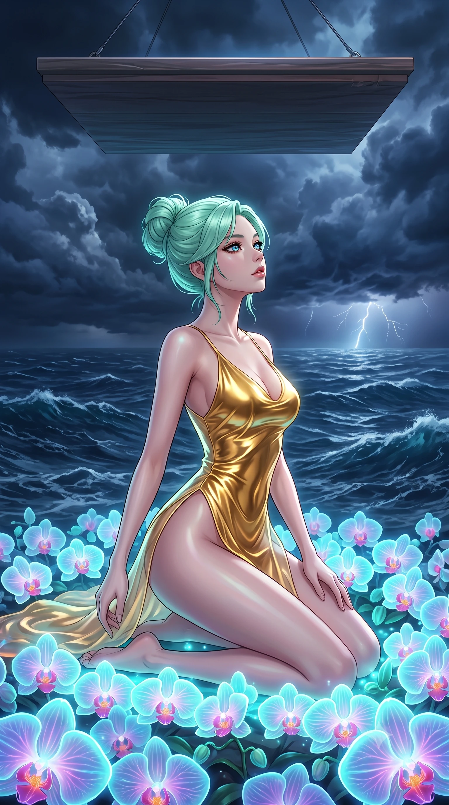 score_9, masterpiece, best quality, ultra-detailed, High-budget Anime Keyframe, East Asian woman. Dynamic full-body shot stretching the vertical silhouette to the limit. Scenario 282: kneeling on a soft bed of glowing neon orchids under a floating platform suspended over a stormy sea of dark blue water. Her presence is magnetic and overpowering in this high-budget anime scene. Outfit 282: a slim-fit molten liquid silk gold with a high-cut leg line and translucent layers. The clothing is designed to emphasize her exceptionally tall and slender 8-heads proportion. 8-heads proportion, towering silhouette, ultra-slim waist. sharp v-shaped jawline, intricate jewel-like eyes with depth, thick eyelashes, glossy lips. 2k, ultra detail, master piece, 9:16 ratio