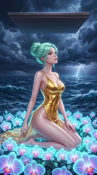 score_9, masterpiece, best quality, ultra-detailed, High-budget Anime Keyframe, East Asian woman. Dynamic full-body shot stretching the vertical silhouette to the limit. Scenario 282: kneeling on a soft bed of glowing neon orchids under a floating pl