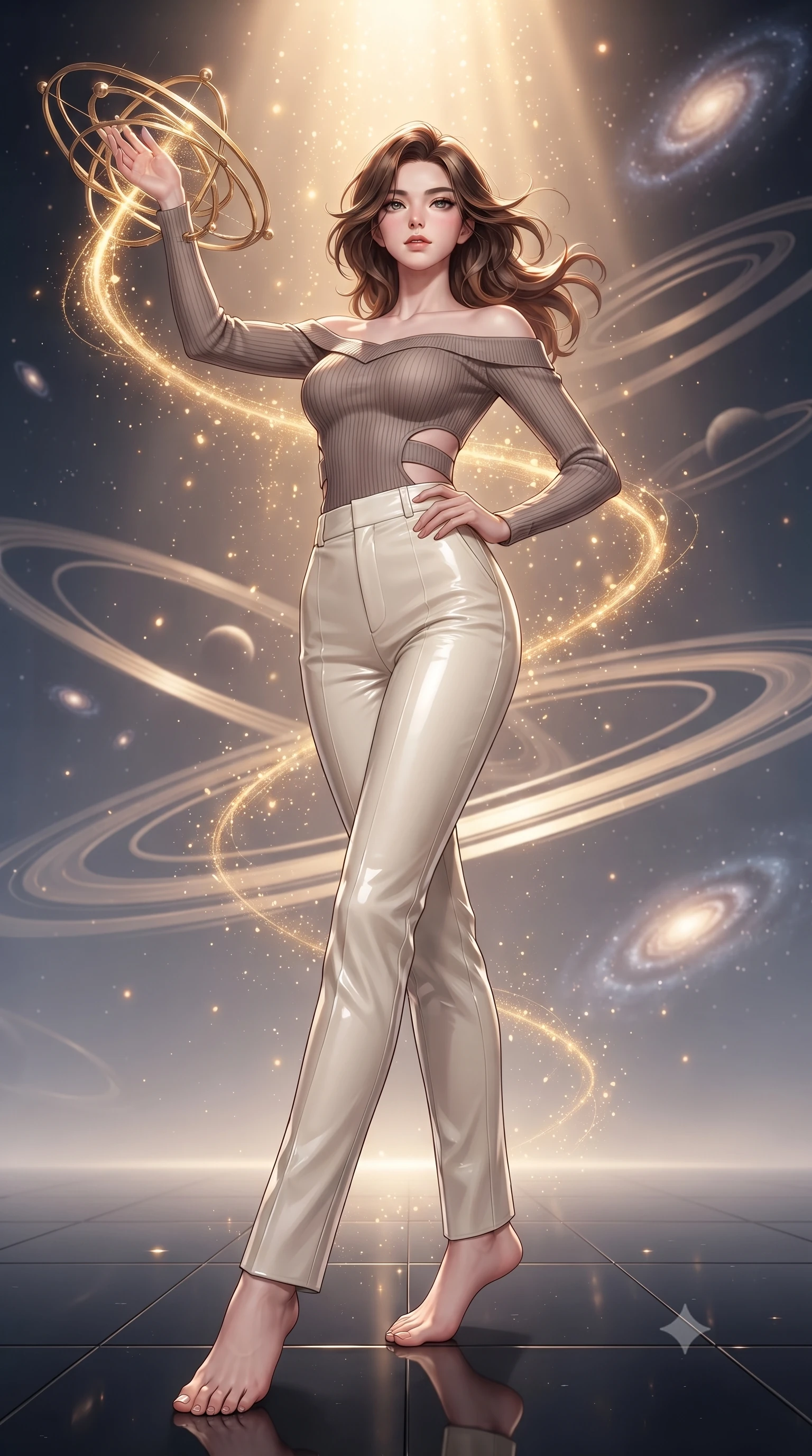 score_9, masterpiece, best quality, ultra-detailed, high-budget anime keyframe, editorial fashion photography, tasteful artistic composition, Korean woman. low angle full-body shot from head to toe showing her feet, filling the entire 9:16 vertical frame with her statuesque presence, stretching her vertical silhouette. interacting gracefully with the magical floating elements while maintaining a confident posture threading brilliant comet dust through a golden celestial loom, starlight particles falling like a golden shower around her. She has an absolutely perfect, statuesque 8.5-heads proportion, an exceptionally tall and slender model-like female figure with impossibly long slender legs and an ultra-slim waist. sharp v-shaped jawline, high-bridge nose, intricate jewel-like eyes with depth, thick eyelashes, glossy lips with a natural sheen. wearing a sleek off-shoulder ribbed knit top paired with high-waist tailored pants in muted taupe and soft ivory, tailored from high-gloss patent leather, featuring clean architectural cutouts along her slender torso, the elegant draped fit framing her graceful clavicle and slender torso. bathed in warm sunbursts filtering through floating orbital rings. highly saturated vibrant anime colors, detailed shading with soft gradients, rich glossy textures, high-contrast stereoscopic depth, volumetric dynamic lighting, master piece, 9:16 ratio