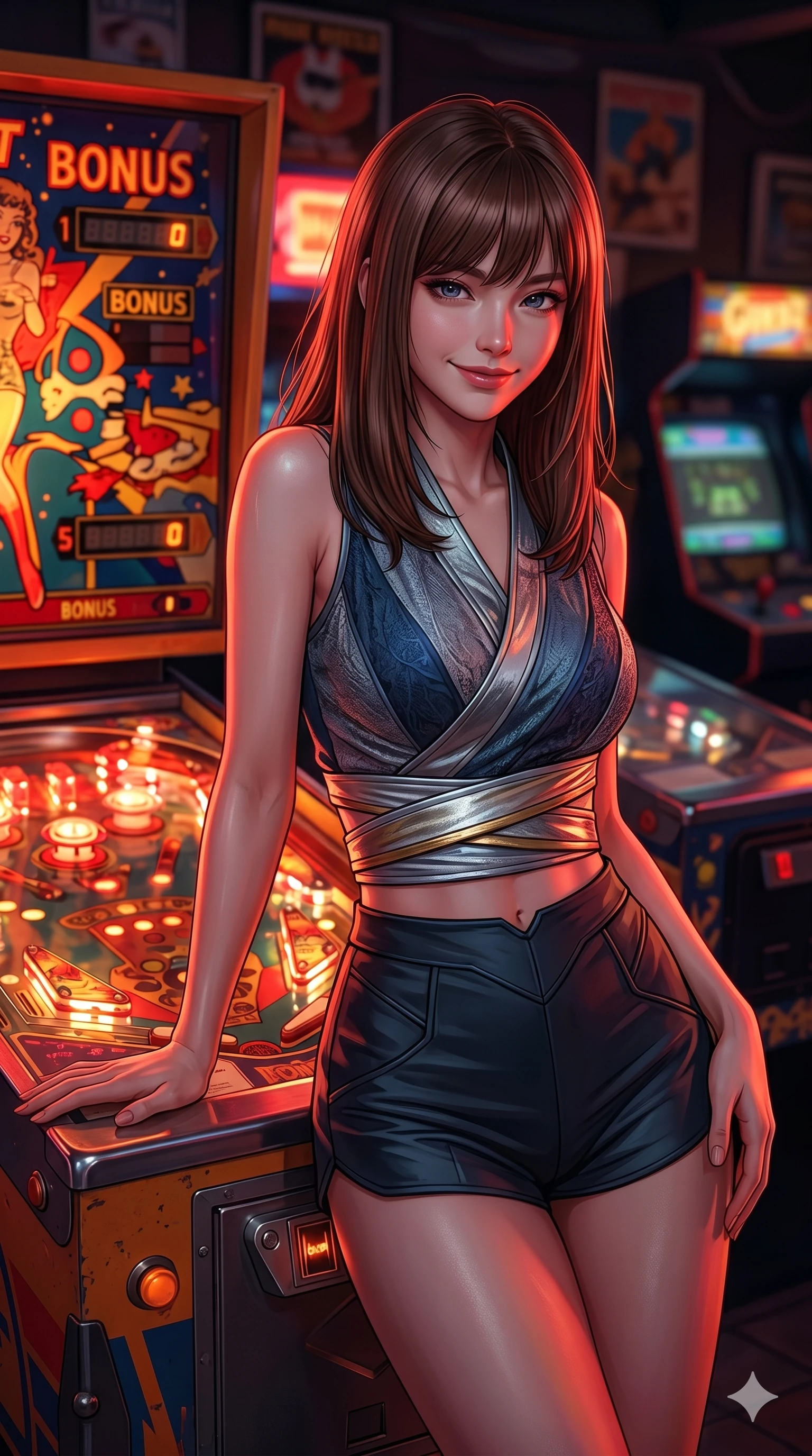 score_9, masterpiece, best quality, ultra-detailed, high-budget anime keyframe, editorial fashion photography, tasteful artistic composition, Korean woman. Upper body close-up from the thighs up, character filling the screen for maximum presence. Standing next to a glowing pinball machine, resting one hand on the glass, looking towards the camera with a playful grin. She is wearing a cropped wrap top with delicate textured panels and a metallic sash. The scene is lit by the vibrant red and orange flashing lights of the pinball game. 2k, ultra detail, master piece, 9:16 ratio