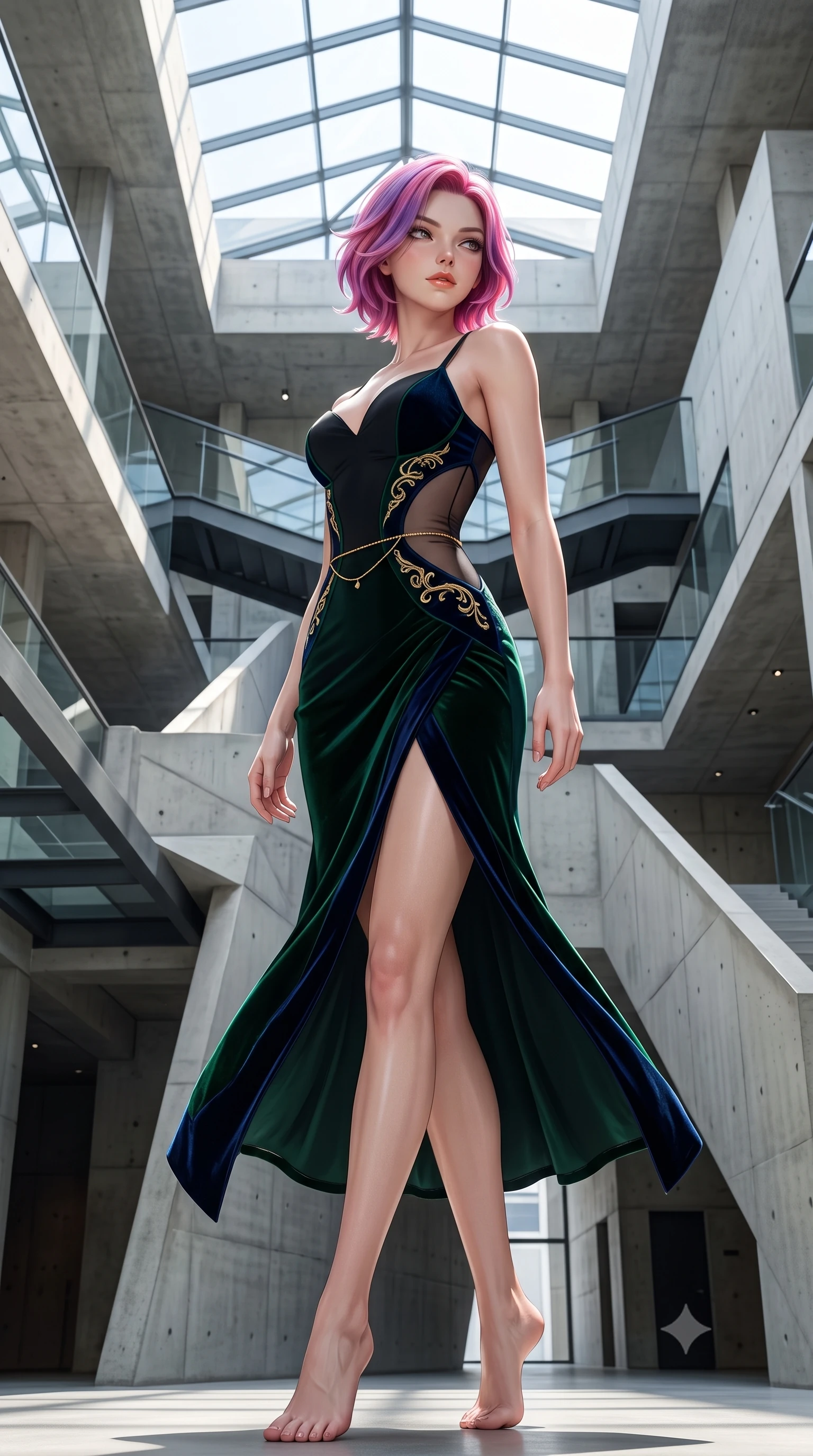 score_9, masterpiece, best quality, ultra-detailed, high-budget anime keyframe, semi-realistic 3D game render, editorial fashion photography, tasteful artistic composition, Caucasian woman. low angle full-body shot from head to toe showing her feet, filling the entire 9:16 vertical frame with her statuesque presence, stretching her vertical silhouette. executing a slow, graceful pivot turn as her skirt sways around her slender legs, glancing back with an enchanting, teasing sensual expression while standing centered in the monumental exposed concrete atrium, arching her back with sculptural supermodel presence and razor-sharp gaze. The surrounding environment is rendered in vivid detail and crisp panoramic clarity: detailed architectural dress cutout lines, glossy lip sheen, and Swiss contemporary architecture in razor-sharp precision. She has an absolutely perfect, statuesque 8.5-heads proportion, an exceptionally tall and slender model-like female figure with impossibly long slender legs, an ultra-slim waist, a flat toned midriff, narrow delicate ribcage, and beautifully sculpted feminine hips creating a graceful, slim hourglass silhouette without any bulky heaviness. sharp v-shaped jawline, high-bridge nose, sparkling eyes with hypnotic seductive depth, thick curled eyelashes, glossy parted lips with a natural dewy peach sheen, alluring bedroom-eyes with an enchanting coquettish smile, exuding magnetic siren charisma and sophisticated glamour, flawlessly proportioned anatomical accuracy, strict slender model proportions, natural body alignment, perfectly sculpted long slender limbs, ultra-slim waistline, clean dynamic posture without body distortion. wearing a deep sweetheart-neckline matte-black bodycon dress with sheer side-torso cutouts accentuating her hourglass curves in deep emerald velvet and dark sapphire with gold filigree, tailored from ultra-plush velvet with rich tactile depth and deep shadow gradients, accented with a dainty gold belly chain resting across her flat midriff and curving hips, the high-slit wrap tailoring accentuating her ultra-slim waistline and the enchanting curve of her feminine hips with alluring seductive charm. bathed in intense crisp neutral 5500K daylight flooding directly down from the overhead glass skylight. highly saturated vibrant anime colors, detailed shading with soft gradients, rich glossy textures, high-contrast stereoscopic depth, volumetric dynamic lighting, master piece, 9:16 ratio
