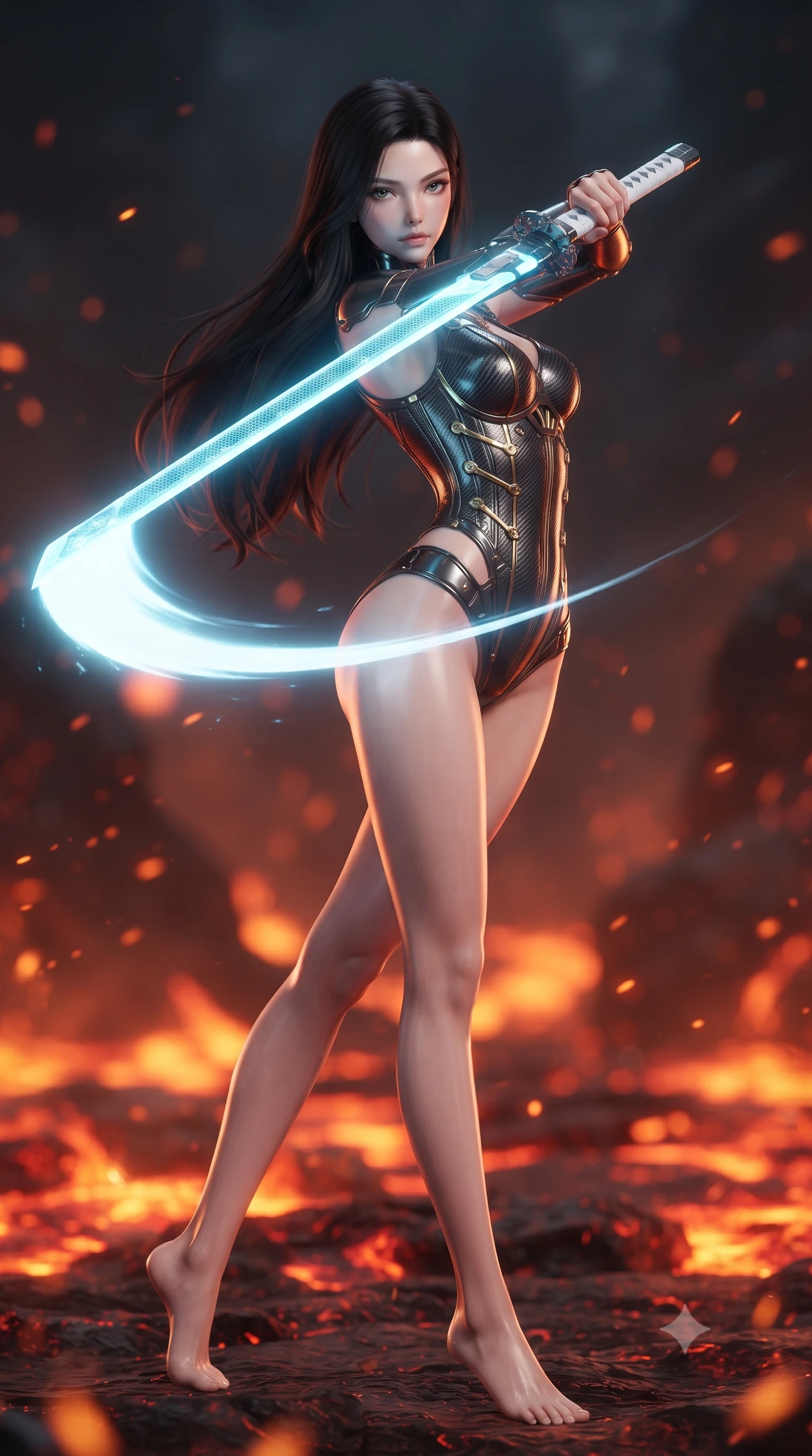 score_9, masterpiece, best quality, ultra-detailed, high-budget anime keyframe, editorial fashion photography, tasteful artistic composition, Korean woman. low angle full-body shot from head to toe showing her feet, filling the entire 9:16 vertical frame with her statuesque presence, stretching her vertical silhouette. arching her spine in a fluid zero-gravity combat turn with sovereign grace, her long slender legs and sculpted torso creating a sweeping line of power while pivoting dynamically in a sweeping spin as the molten-orange plasma scythe blade leaves a blazing crescent of light in mid-air. The composition keeps background elements in soft focus with creamy bokeh. bubbling molten lava rivers and drifting volcanic embers blurred into fiery orange, crimson, and charcoal bokeh. She has an absolutely perfect, statuesque 8.5-heads proportion, an exceptionally tall and slender model-like female figure with impossibly long slender legs, a toned flat midriff, and an ultra-slim waist. sharp v-shaped jawline, high-bridge nose, intricate jewel-like eyes with depth, thick eyelashes, glossy lips with a natural sheen, flawlessly proportioned anatomical accuracy, strict slender model proportions, natural body alignment, perfectly sculpted long slender limbs, ultra-slim waistline, clean dynamic posture without body distortion. wearing a precision-tailored high-fashion carbon-fiber corset bodysuit with gold mechanical rib boning, wielding a glowing energy katana with royal elegance in glacial ice-cyan carbon mesh with pure white armor plates, made of lightweight aerodynamic carbon-titanium alloy with polished edge bevels, detailed with magnetic weapon holsters and polished chrome connection clasps, the precision-cut daring openings accentuating her delicate midriff, graceful bare collarbones, and ultra-slim feminine waistline. illuminated by crisp specular highlights tracing her ultra-slim waist, long legs, and flat midriff. ultra-reflective glossy finish, specular highlights, dark metallic sheen, high-contrast stereoscopic depth, volumetric dynamic lighting, 2k, ultra detail, master piece, 9:16 ratio