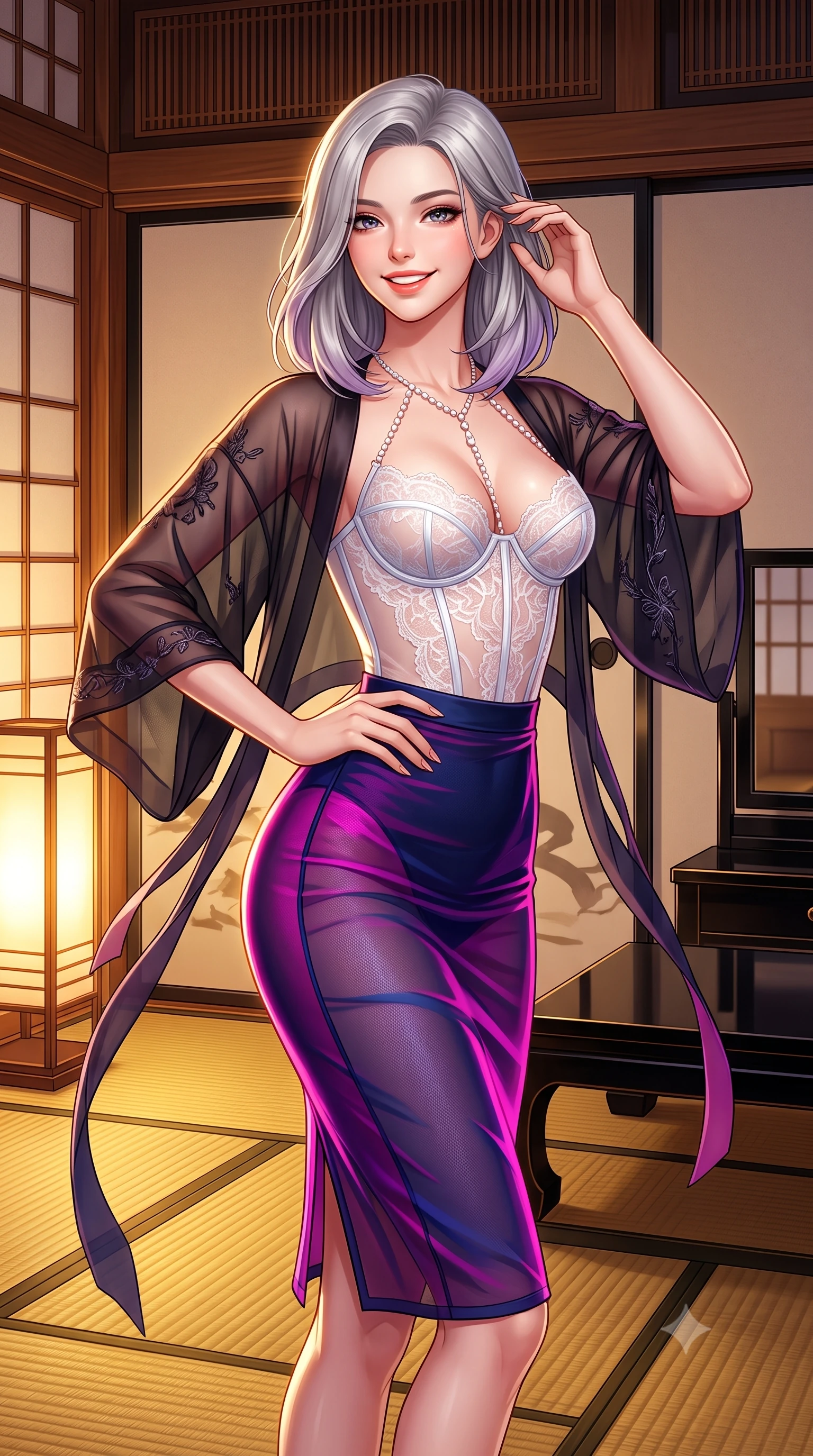 score_9, masterpiece, best quality, ultra-detailed, high-budget anime keyframe, semi-realistic 3D game render, editorial fashion photography, tasteful artistic composition, Caucasian woman. close-up cowboy shot from the waist and thighs up, the character dominates the composition, filling the frame with her large presence. twisting her slender torso in an alluring contrapposto stance, one hand resting on her sculpted hip while her fingers toy with her hair with effortless poise while twisting her slender torso in an alluring S-curve on the golden tatami mats, paper lantern light casting seductive silhouette shadows on paper screens. The surrounding environment is rendered in vivid detail and crisp panoramic clarity: detailed provocative sheer noir illusion mesh kimono dress embroidery, delicate sash ribbons, and master Japanese joinery in high resolution. She has an exceptionally elegant, slender, and willowy female figure with an ultra-slim waist, flat toned midriff, narrow ribcage, and sculpted feminine hips creating an alluring, slim hourglass silhouette without bulk. sharp v-shaped jawline, high-bridge nose, intricate jewel-like sparkling eyes with depth, thick eyelashes, glossy parted lips with a natural peach sheen, bright cheerful beaming smile with an enchanting and coquettish sensual glint, exuding both youthful cute charm and seductive allure, flawlessly proportioned anatomical accuracy, strict slender model proportions, natural body alignment, perfectly sculpted long slender limbs, ultra-slim waistline, clean dynamic posture without body distortion. wearing a sculpted underwire corset in sheer frost-white Chantilly lace paired with a high-waisted sheer mesh pencil skirt with back slit in Huangpu midnight sapphire and neon magenta, made of fluid liquid jersey with seamless sculpting hold and smooth contours, accented with a pearl-drop body harness subtly framing her dewy collarbones and spine, the liquid-tight tailored fabric clinging flawlessly to her narrow waist and rounded feminine hips, emphasizing every millimeter of her sculpted slim hourglass curves without any bulky heaviness. illuminated by black lacquer reflection fill and sharp champagne-gold rim lights defining her dewy collarbones, ultra-slim waist, and curvy hips. highly saturated vibrant anime colors, detailed shading with soft gradients, rich glossy textures, high-contrast stereoscopic depth, volumetric dynamic lighting, master piece, 9:16 ratio