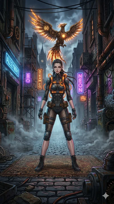 score_9, masterpiece, best quality, ultra-detailed, Set A: High-budget Anime Keyframe, Caucasian (human ears) woman. Low angle cowboy shot filling the entire 9:16 frame with her statuesque presence. Theme: Urban Decay. meditating in a steampunk Londo