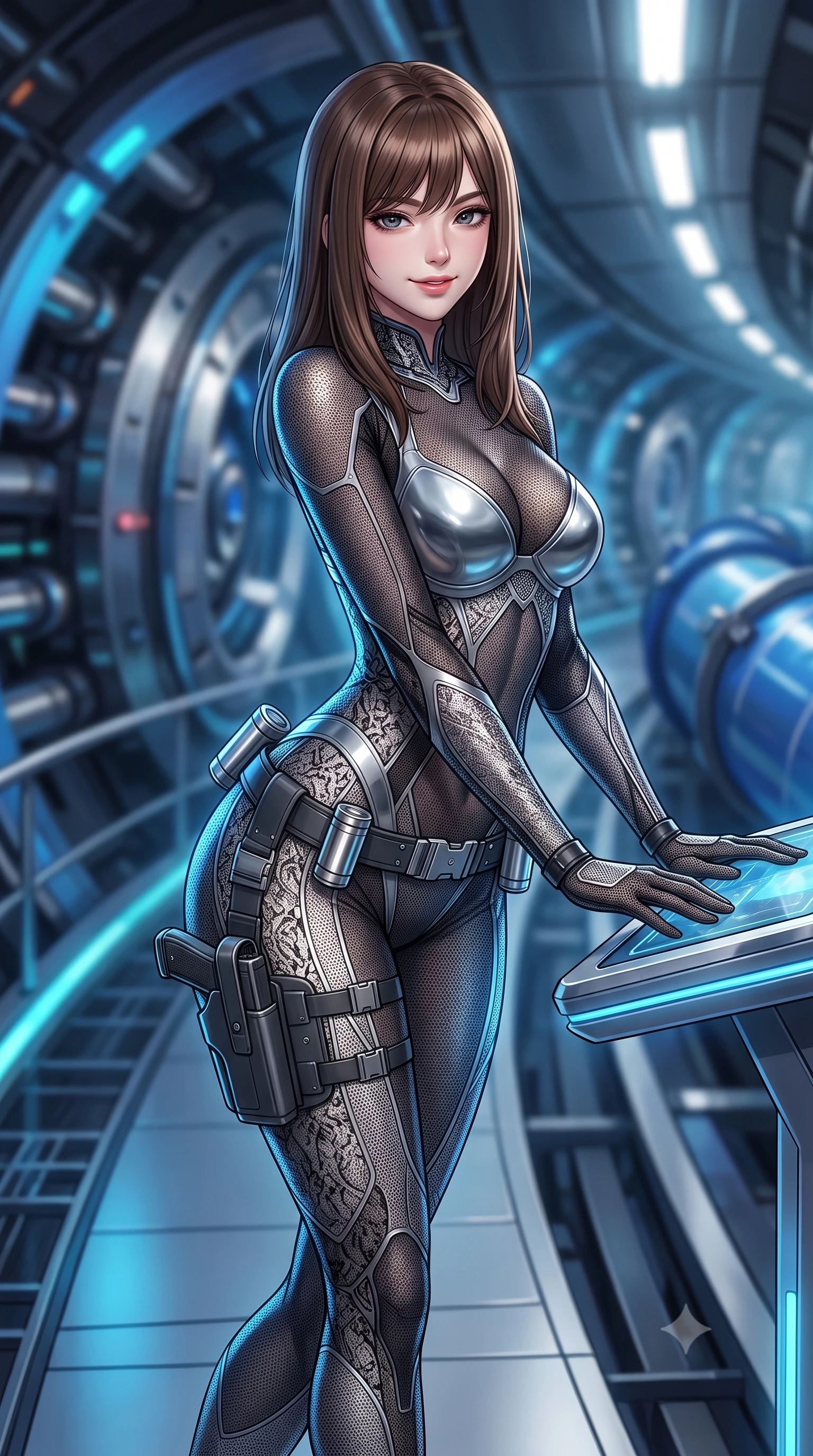 score_9, masterpiece, best quality, ultra-detailed, high-budget anime keyframe, semi-realistic 3D game render, editorial fashion photography, tasteful artistic composition, Korean woman. close-up cowboy shot from the waist and thighs up, the character dominates the composition, filling the frame with her large presence. resting both hands lightly on the holoscreen pedestal while leaning toward the lens with a teasing smirk, her tight combat suit hugging her narrow waist and feminine hip curve while walking slowly along the curving catwalk following the miles-long particle collider ring, arching her back with sovereign scientific charisma. The background shows a soft-focus the curving tunnel of massive circular superconducting magnets and pulsating beam sensors blurred into Cherenkov blue, silver, and charcoal bokeh. She has an exceptionally elegant, slender, and willowy female figure with an ultra-slim waist, flat toned midriff, narrow ribcage, and sculpted feminine hips creating an alluring, slim hourglass silhouette without bulk. sharp v-shaped jawline, high-bridge nose, intricate jewel-like sparkling eyes with depth, thick eyelashes, glossy parted lips with a natural sheen, bright confident smile with an enchanting and coquettish sensual glint, exuding both youthful magnetic charm and sovereign high-tech allure, flawlessly proportioned anatomical accuracy, strict slender model proportions, natural body alignment, perfectly sculpted long slender limbs, ultra-slim waistline, clean dynamic posture without body distortion. wearing a form-contouring semi-opaque dark mesh catsuit with carbon-plated cups and fine lace-pattern panels across her torso in liquid chrome silver and pitch black, woven from delicate semi-opaque high-tensile nano-mesh with intricate hexagonal micro-patterns, accented with a sleek utility belt with polished magnetic canisters resting loosely on her curvy hips, the high-waisted tailoring accentuating her ultra-slim waistline and the enchanting curve of her feminine hips with alluring dark charm. bathed in eerie Cherenkov blue luminescence and crisp white fluorescent tunnel lighting. highly saturated vibrant anime colors, detailed shading with soft gradients, rich glossy textures, high-contrast stereoscopic depth, volumetric dynamic lighting, master piece, 9:16 ratio