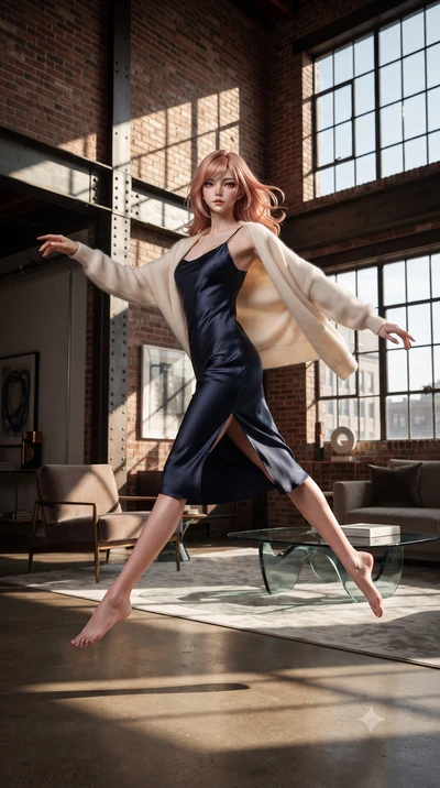 score_9, masterpiece, best quality, ultra-detailed, high-budget anime keyframe, editorial fashion photography, tasteful artistic composition, Japanese woman. low angle full-body shot from head to toe showing her feet, filling the entire 9:16 vertical