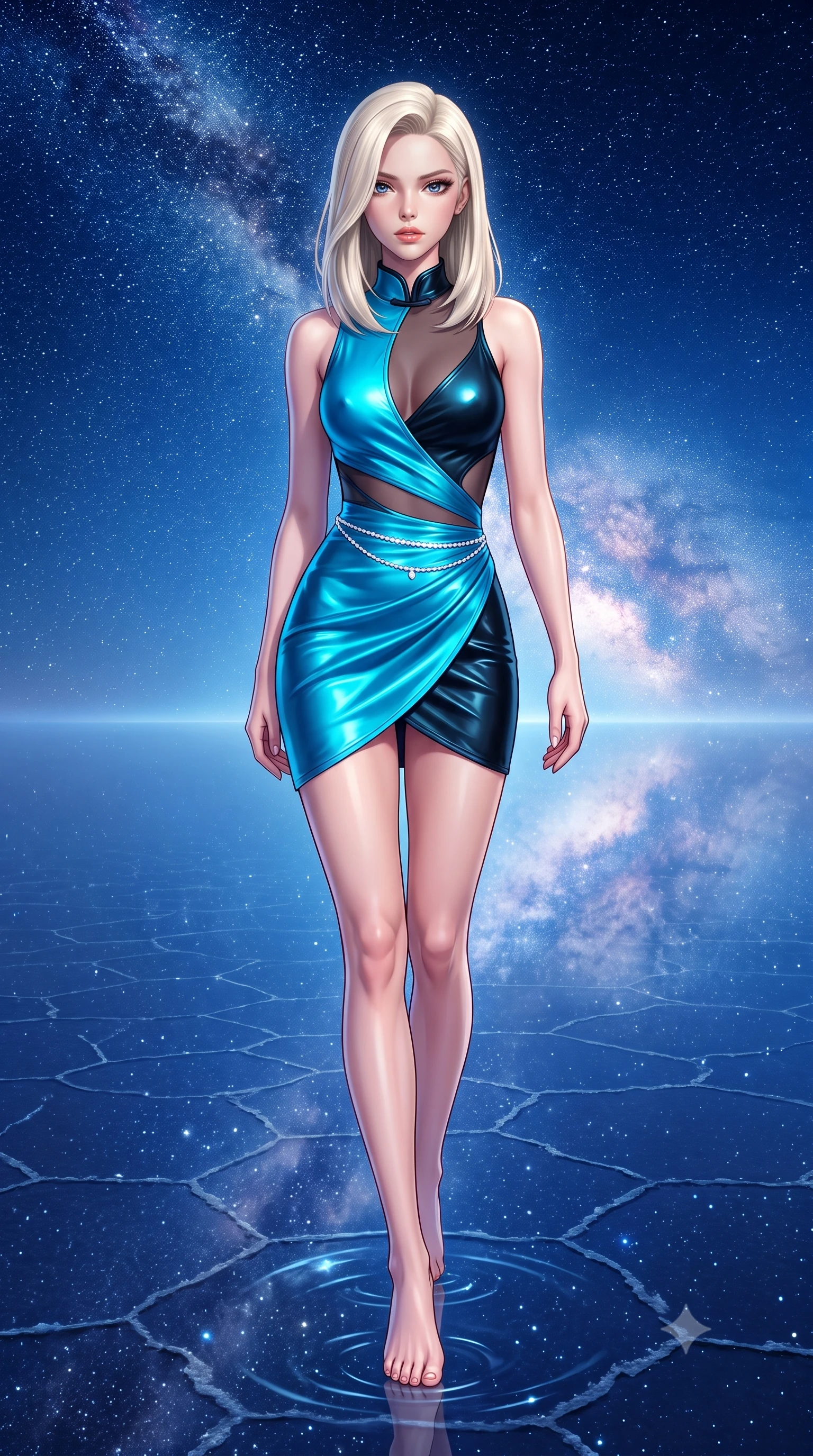 score_9, masterpiece, best quality, ultra-detailed, high-budget anime keyframe, semi-realistic 3D game render, editorial fashion photography, tasteful artistic composition, Caucasian woman. low angle full-body shot from head to toe showing her feet, filling the entire 9:16 vertical frame with her statuesque presence, stretching her vertical silhouette. striding forward in a proud supermodel runway stride, hips swaying in an alluring kinetic rhythm that accentuates her curvy hourglass silhouette while standing in paper-thin water on the infinite salt flat, arching her back as the entire Milky Way galaxy reflects flawlessly beneath her feet like a celestial mirror. The surrounding environment is rendered in vivid detail and crisp panoramic clarity. sharp water surface mirror reflections, hexagonal salt crust polygons beneath water, and starlight points in deep focus. She has an exceptionally tall and slender model-like 8.5-heads proportion, an ultra-slim waist, a flat toned midriff, narrow delicate ribcage, and beautifully sculpted feminine hips creating a graceful, slim hourglass silhouette without any bulky heaviness, with impossibly long slender legs. sharp v-shaped jawline, high-bridge nose, intricate jewel-like eyes with depth, thick eyelashes, glossy parted lips with a natural sheen, intensely captivating and seductive bedroom-eyes expression, flawlessly proportioned anatomical accuracy, strict slender model proportions, natural body alignment, perfectly sculpted long slender limbs, ultra-slim waistline, clean dynamic posture without body distortion. wearing a wet-look silk fusion wrap dress with asymmetrical sheer mesh cutouts and high Mandarin collar in neon electric cyan and lacquer black, formed from supple second-skin lambskin leather with specular sheen, accented with a dainty diamond waist chain catching the ambient light reflections, the glove-like aerodynamic silhouette tightly following the natural contour of her hips and long slender legs with statuesque 8.5-heads elegance. bathed in ethereal 360-degree cosmic starlight and glowing Milky Way galactic glow reflecting from below and above. highly saturated vibrant anime colors, detailed shading with soft gradients, rich glossy textures, high-contrast stereoscopic depth, volumetric dynamic lighting, master piece, 9:16 ratio