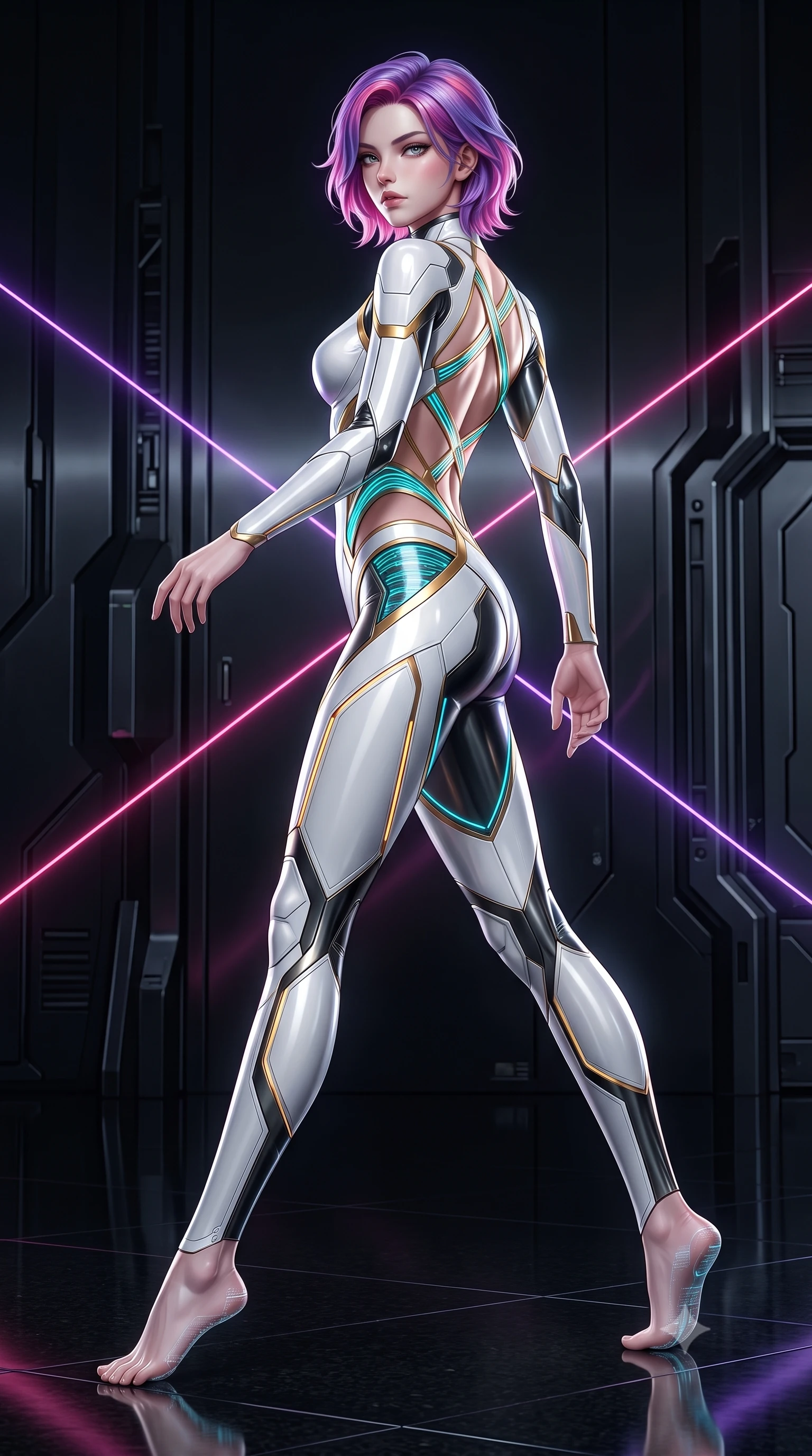 score_9, masterpiece, best quality, ultra-detailed, high-budget anime keyframe, editorial fashion photography, tasteful artistic composition, Caucasian woman. low angle full-body shot from head to toe showing her feet, filling the entire 9:16 vertical frame with her statuesque presence, stretching her vertical silhouette. striding forward with commanding supermodel grace, her 8.5-heads statuesque silhouette dominating the vertical frame from head to toe while pivoting dynamically on a reflective black granite floor as criss-crossing neon laser lines trace her statuesque contour. The surrounding environment is rendered in vivid detail and crisp panoramic clarity. high-contrast minimalist chiaroscuro and cutting-edge cybernetic precision rendered with sharpness. She has an absolutely perfect, statuesque 8.5-heads proportion, an exceptionally tall and slender model-like female figure with impossibly long slender legs, a toned flat midriff, and an ultra-slim waist. sharp v-shaped jawline, high-bridge nose, intricate jewel-like eyes with depth, thick eyelashes, glossy lips with a natural sheen, flawlessly proportioned anatomical accuracy, strict slender model proportions, natural body alignment, perfectly sculpted long slender limbs, ultra-slim waistline, clean dynamic posture without body distortion. wearing a second-skin white-and-gold high-fashion tech-bodysuit with diagonal midriff cutouts and glowing cyan fiber seams in high-contrast monochrome white enamel and glowing amber lines, made of liquid jersey fabric that clings flawlessly to every contour of her build, complemented by criss-cross back straps highlighting her completely bare spine, the liquid-tight tailored fabric emphasizing every curve of her tall, slender model proportions and sculptured silhouette during dynamic movement. surrounded by an ultra-chic, commanding, and fiercely magnetic cyber-sovereign atmosphere. ultra-reflective glossy finish, specular highlights, dark metallic sheen, high-contrast stereoscopic depth, volumetric dynamic lighting, 2k, ultra detail, master piece, 9:16 ratio