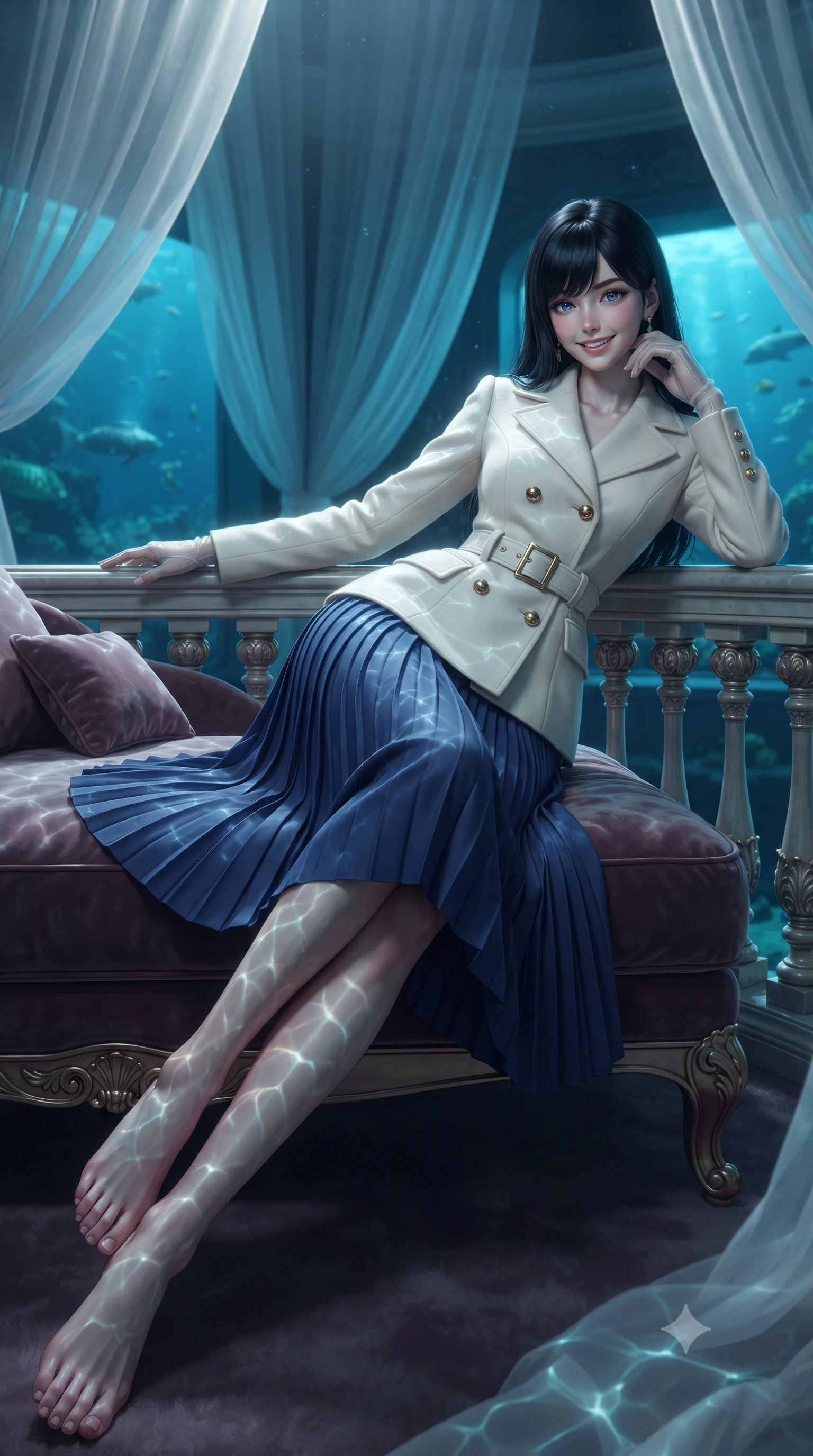 score_9, masterpiece, best quality, ultra-detailed, high-budget anime keyframe, editorial fashion photography, tasteful artistic composition, Caucasian woman. low angle full-body shot from head to toe showing her feet, filling the entire 9:16 vertical frame with her statuesque presence, stretching her vertical silhouette. leaning deep against the balcony balustrade with hips cocked back in an unapologetically alluring high-fashion stance, casting an intoxicating glance while reclining gracefully across the king-size daybed propped on one elbow with legs extended, displaying her long slender limbs and statuesque hourglass silhouette in the deep. The background shows a soft-focus flowing sheer gauze canopy drapes softened in ultra-exclusive underwater suite shallow focus. She has an exceptionally tall and slender model-like 8.5-heads proportion, an ultra-slim waist, a flat toned midriff, narrow delicate ribcage, and beautifully sculpted feminine hips creating a graceful, slim hourglass silhouette without any bulky heaviness, with impossibly long slender legs. sharp v-shaped jawline, high-bridge nose, intricate jewel-like sparkling eyes with depth, thick eyelashes, glossy parted lips with a natural peach sheen, bright cheerful beaming smile with an enchanting and coquettish sensual glint, exuding both youthful cute charm and seductive allure, flawlessly proportioned anatomical accuracy, strict slender model proportions, natural body alignment, perfectly sculpted long slender limbs, ultra-slim waistline, clean dynamic posture without body distortion. wearing a tailored double-faced ivory wool riding coat paired with an A-line accordion pleated midi skirt in Vltava misty twilight cobalt and polished brass, tailored from ultra-plush silk velvet with rich tactile depth and deep shadow gradients, complemented by sheer opera-length evening gloves tracing her slender arms, the impeccably tailored cut draping gracefully along her slender figure with aristocratic poise. illuminated by water caustics bounce and sharp platinum-cyan rim lights sculpting her jawline, narrow waist, and curvy hips. ultra-reflective glossy finish, specular highlights, rich textural contrasts, high-contrast stereoscopic depth, volumetric dynamic lighting, 2k, ultra detail, master piece, 9:16 ratio