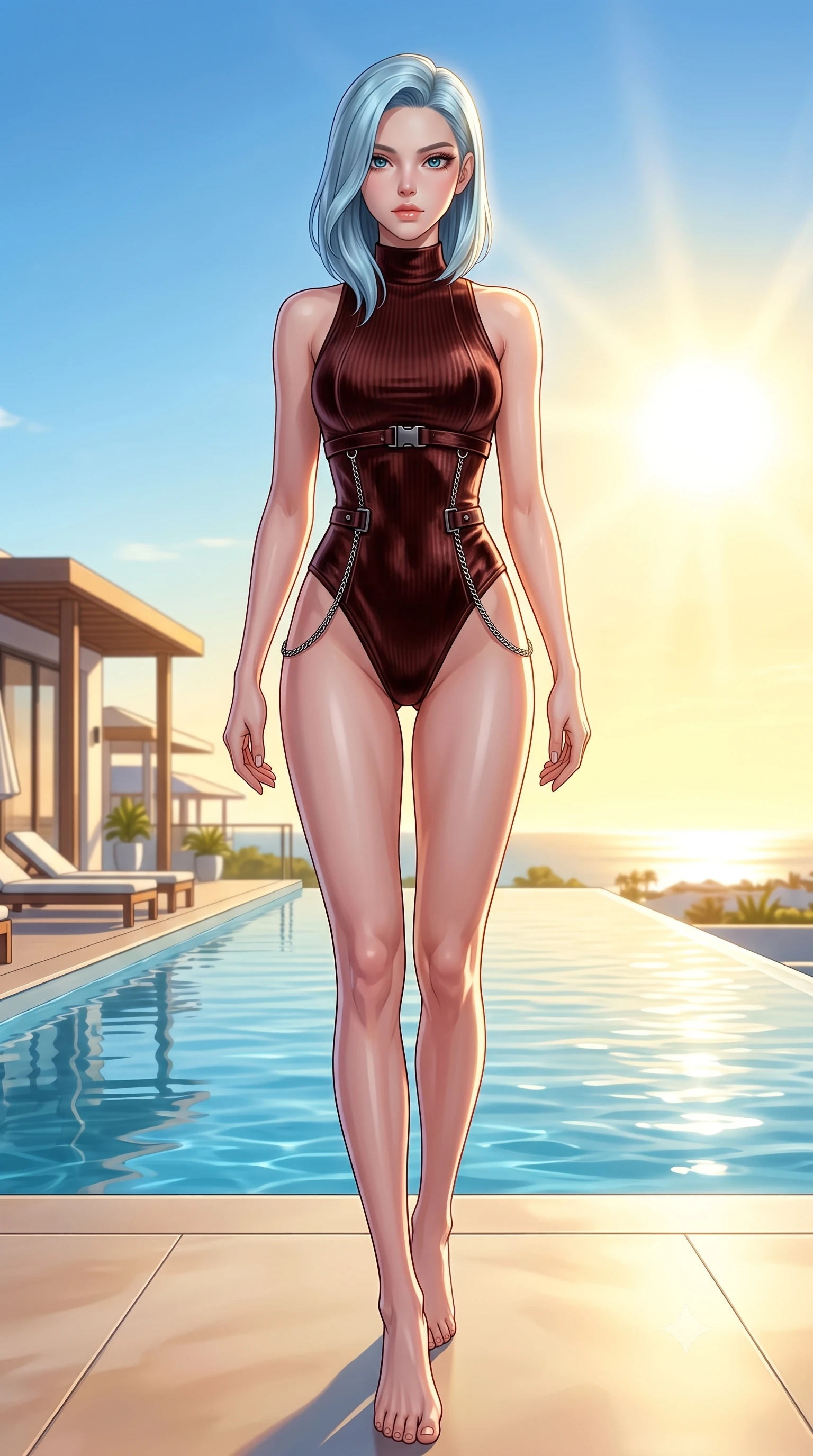 score_9, masterpiece, best quality, ultra-detailed, high-budget anime keyframe, editorial fashion photography, tasteful artistic composition, Korean woman. low angle full-body shot from head to toe showing her feet, filling the entire 9:16 vertical frame with her statuesque presence, stretching her vertical silhouette. stepping gracefully through the luxurious environment, stretching her statuesque silhouette, poised near a clear infinity plunge pool under a brilliant golden sun sky, sculpted athletic build contoured by a sleek activewear bodysuit. She has an absolutely perfect, statuesque 8.5-heads proportion, an exceptionally tall and slender model-like female figure with impossibly long slender legs and an ultra-slim waist. sharp v-shaped jawline, high-bridge nose, intricate jewel-like eyes with depth, thick eyelashes, glossy lips with a natural sheen. wearing sleek high-neck ribbed activewear bodysuit in matte black in dark mahogany, made of crushed dark silk velvet, framed by dark titanium buckles and silver chain details, accentuating her gracefully sculpted slender torso. lit by intense midday key rays highlighting her statuesque form. highly saturated vibrant anime colors, detailed shading with soft gradients, rich glossy textures, high-contrast stereoscopic depth, volumetric dynamic lighting, master piece, 9:16 ratio