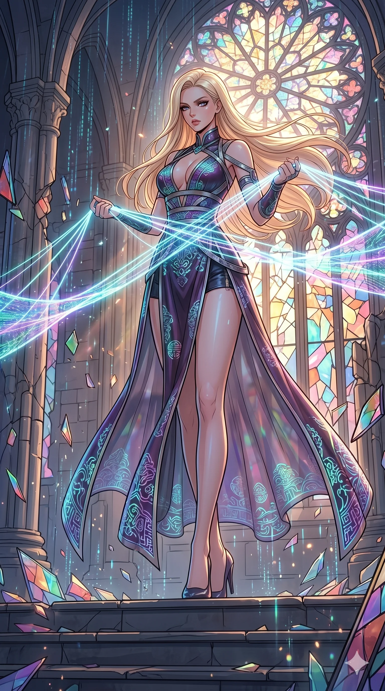 score_9, masterpiece, best quality, ultra-detailed, high-budget anime movie keyframe, cinematic anime lighting, intricate line art, Japanese anime girl. Low angle cowboy shot filling the entire 9:16 frame with her statuesque presence. weaving threads of light in a shattered stained glass cathedral with holographic rain. She has an absolutely perfect 8-heads proportion, an exceptionally tall and slender female figure with an ultra-slim waist and impossibly long slender legs. sharp v-shaped jawline, high-bridge nose, intricate jewel-like eyes, thick eyelashes, glossy lips. Wearing modernized deep-plunging silk hanbok-fusion with metallic straps, a high-slit sheer skirt over micro-shorts, and holographic embroidered patterns. The scene is illuminated by dramatic atmospheric lighting and vibrant color palettes. 2k, ultra detail, master piece, 9:16 ratio