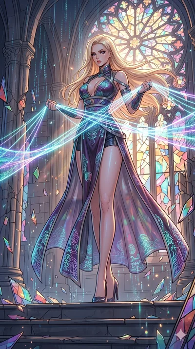 score_9, masterpiece, best quality, ultra-detailed, high-budget anime movie keyframe, cinematic anime lighting, intricate line art, Japanese anime girl. Low angle cowboy shot filling the entire 9:16 frame with her statuesque presence. weaving threads
