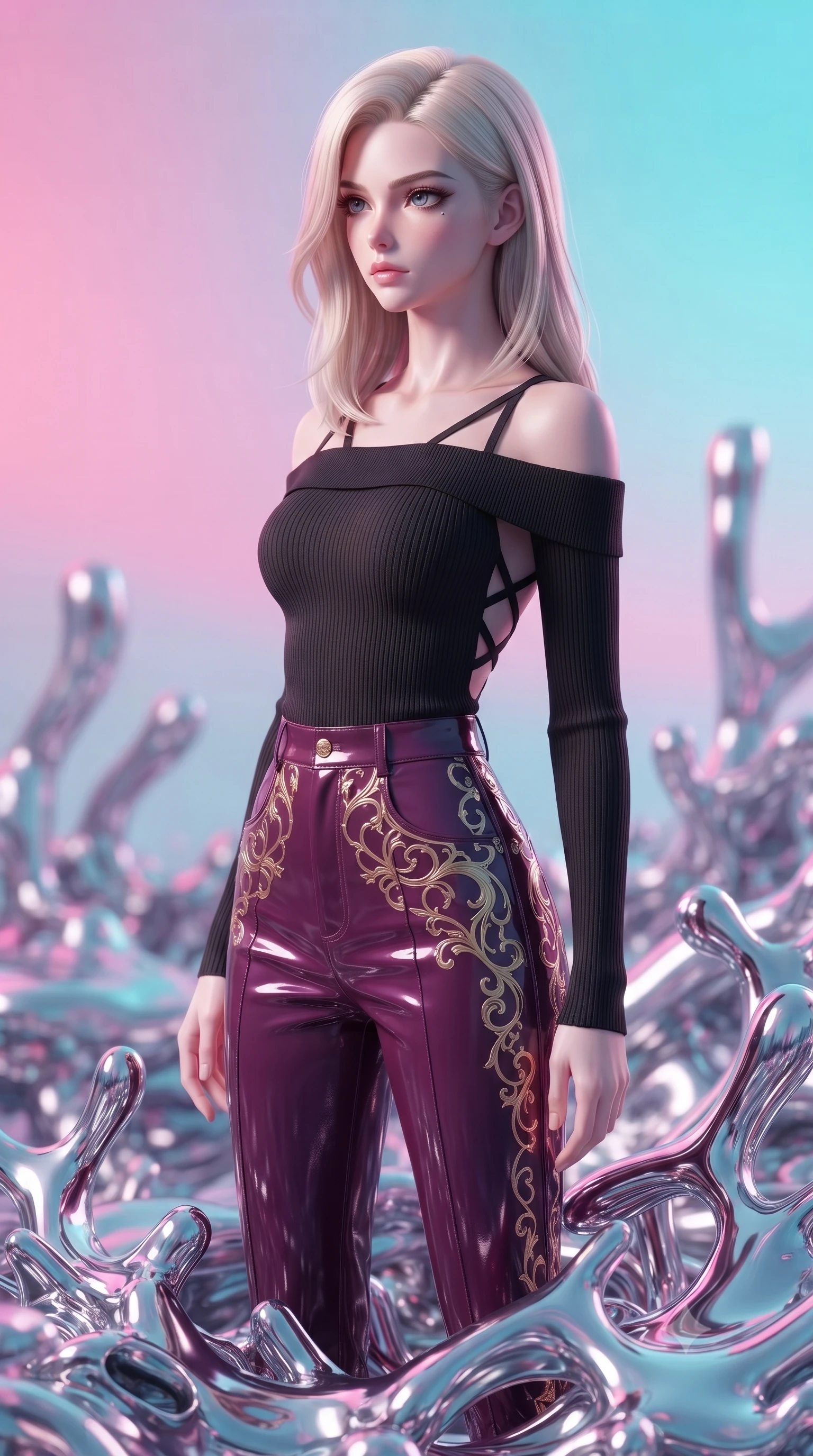 score_9, masterpiece, best quality, ultra-detailed, high-budget anime keyframe, editorial fashion photography, tasteful artistic composition, Caucasian woman. close-up cowboy shot from the waist and thighs up, the character dominates the composition, filling the frame with her large presence, background elements kept in soft focus. Gazing past the camera with an air of effortless elegance and mysterious confidence poised on a reflective chrome reef filled with living liquid mercury corals, liquid chrome corals flowing smooth like molten mercury around her feet. She has an exceptionally elegant, slender, and willowy female figure with an ultra-slim waist, a gracefully sculpted slender torso, and a refined silhouette. sharp v-shaped jawline, high-bridge nose, intricate jewel-like eyes with depth, thick eyelashes, glossy lips with a natural sheen. wearing a sleek off-shoulder ribbed knit top paired with high-waist tailored pants in plum purple and gold filigree, tailored from high-gloss patent leather, complemented by criss-cross back straps highlighting her bare shoulders, the elegant draped fit framing her graceful clavicle and slender torso. surrounded by a dreamlike vaporwave ambiance with smooth gradients. ultra-reflective glossy finish, specular highlights, metallic sheen, high-contrast stereoscopic depth, volumetric dynamic lighting, 2k, ultra detail, master piece, 9:16 ratio