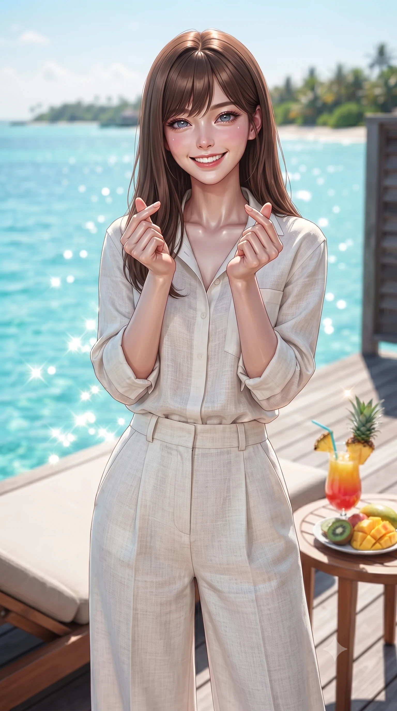 score_9, masterpiece, best quality, ultra-detailed, high-budget anime keyframe, editorial fashion photography, tasteful artistic composition, Korean woman. close-up cowboy shot from the waist and thighs up, the character dominates the composition, filling the frame with her large presence, background elements kept in soft focus. flashing a bright, sunny grin, holding her fingers in a cute small heart shape set against a soft-focus background of on a private wooden deck of a luxury resort villa overlooking a turquoise lagoon with a colorful tropical juice drink and fresh fruit slices on a side table. She has an exceptionally elegant, slender, and willowy female figure with an ultra-slim waist, a gracefully sculpted slender torso, and a refined silhouette. sharp v-shaped jawline, high-bridge nose, intricate jewel-like eyes with depth, thick eyelashes, glossy lips with a natural sheen. wearing slim-fit casual resort wear linen shirt in white, paired with wide-leg linen pants. fresh morning sun rays creating sparkling glints on the blue pool water. ultra-reflective glossy finish, specular highlights, metallic sheen, high-contrast stereoscopic depth, volumetric dynamic lighting, 2k, ultra detail, master piece, 9:16 ratio